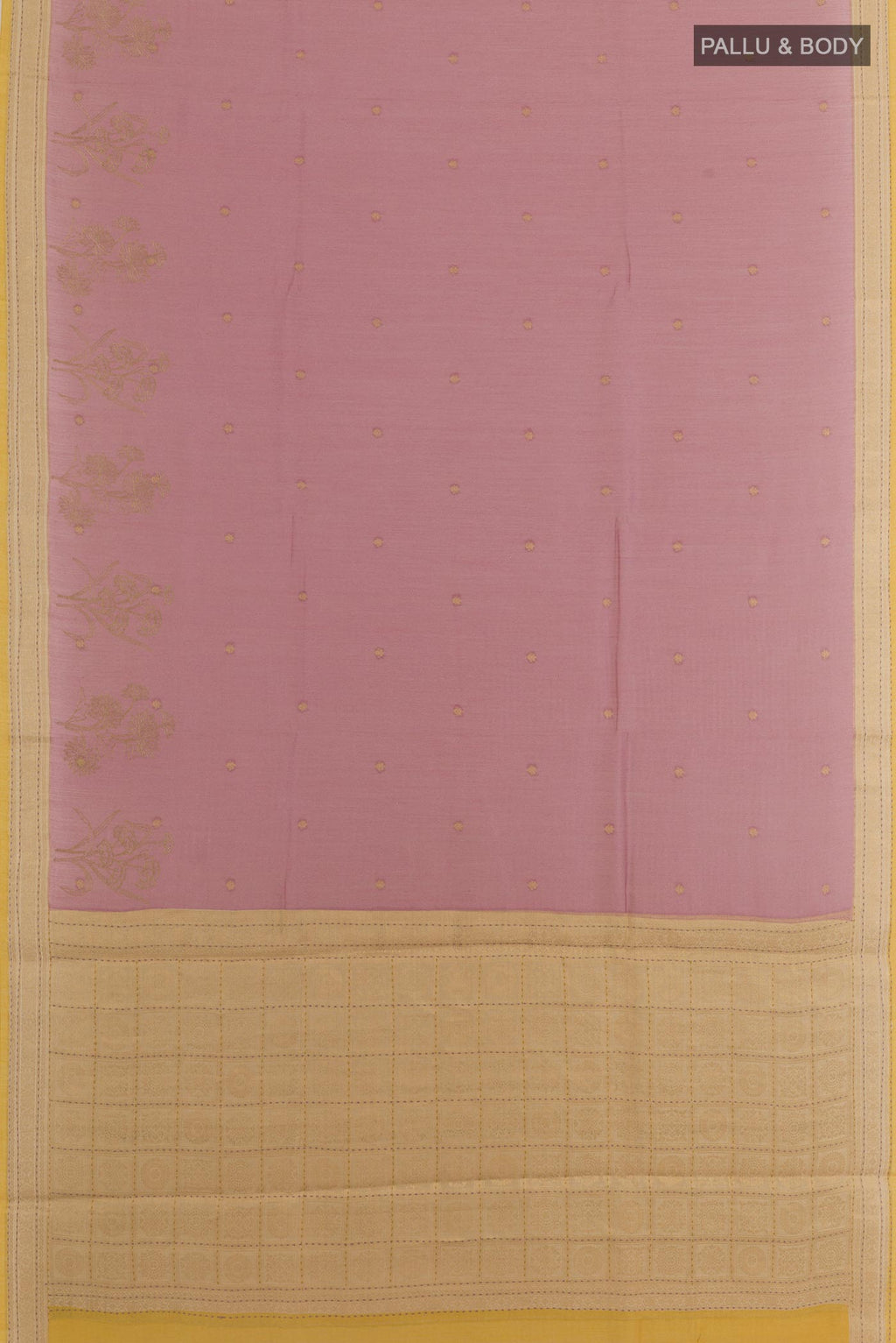 Flat view of Lavender Tussar Silk Saree with Embroidery on the body and Embroidery Border. 