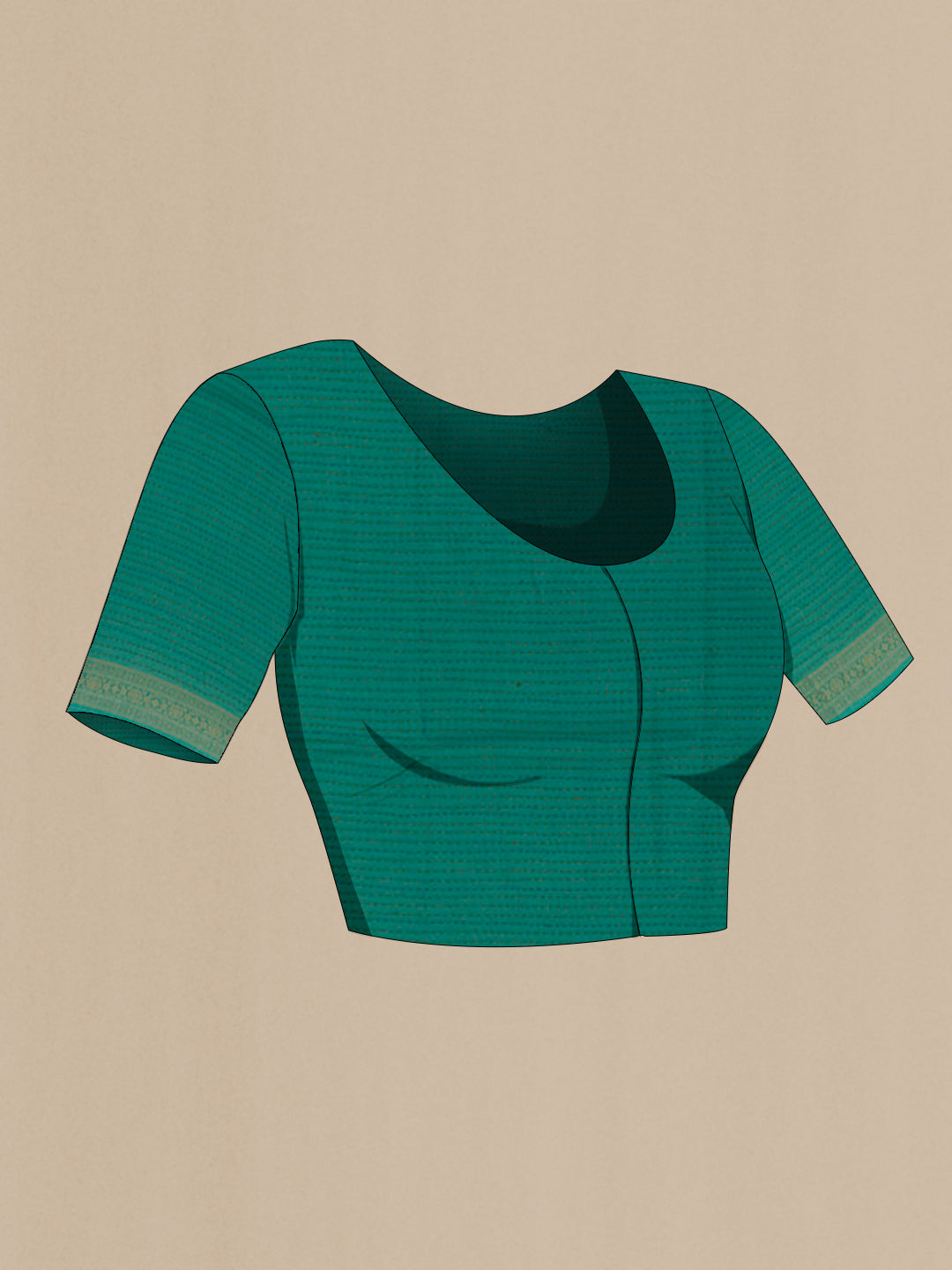 Close up image of the blouse of Green Tussar Silk Saree with Zari Butta on the body and Zari Border. 