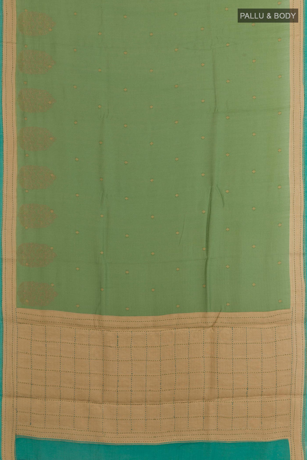 Flat view of Green Tussar Silk Saree with Zari Butta on the body and Zari Border. 