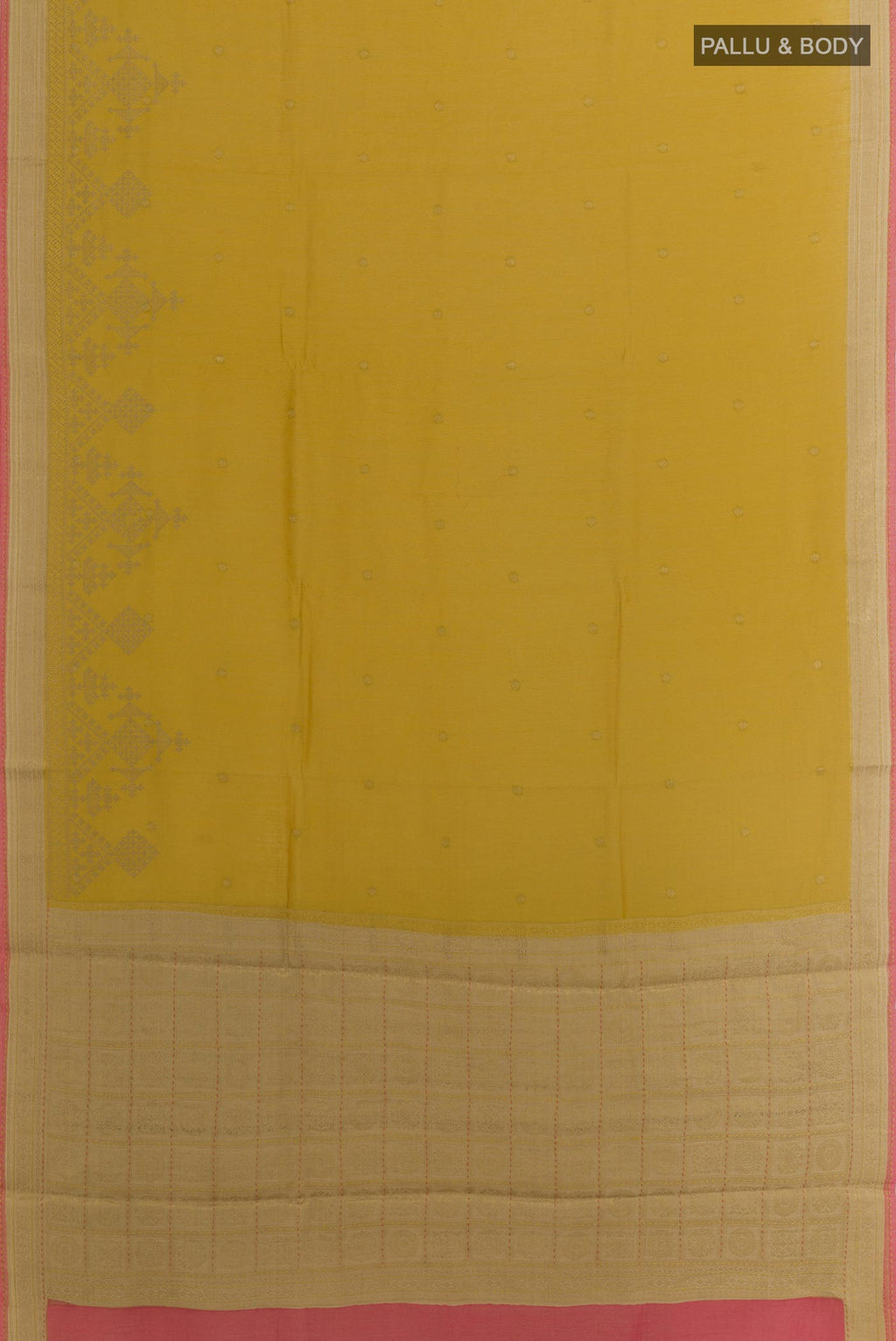 Flat view of Yellow Tussar Silk Saree with Embroidery on the body and Zari Border. 