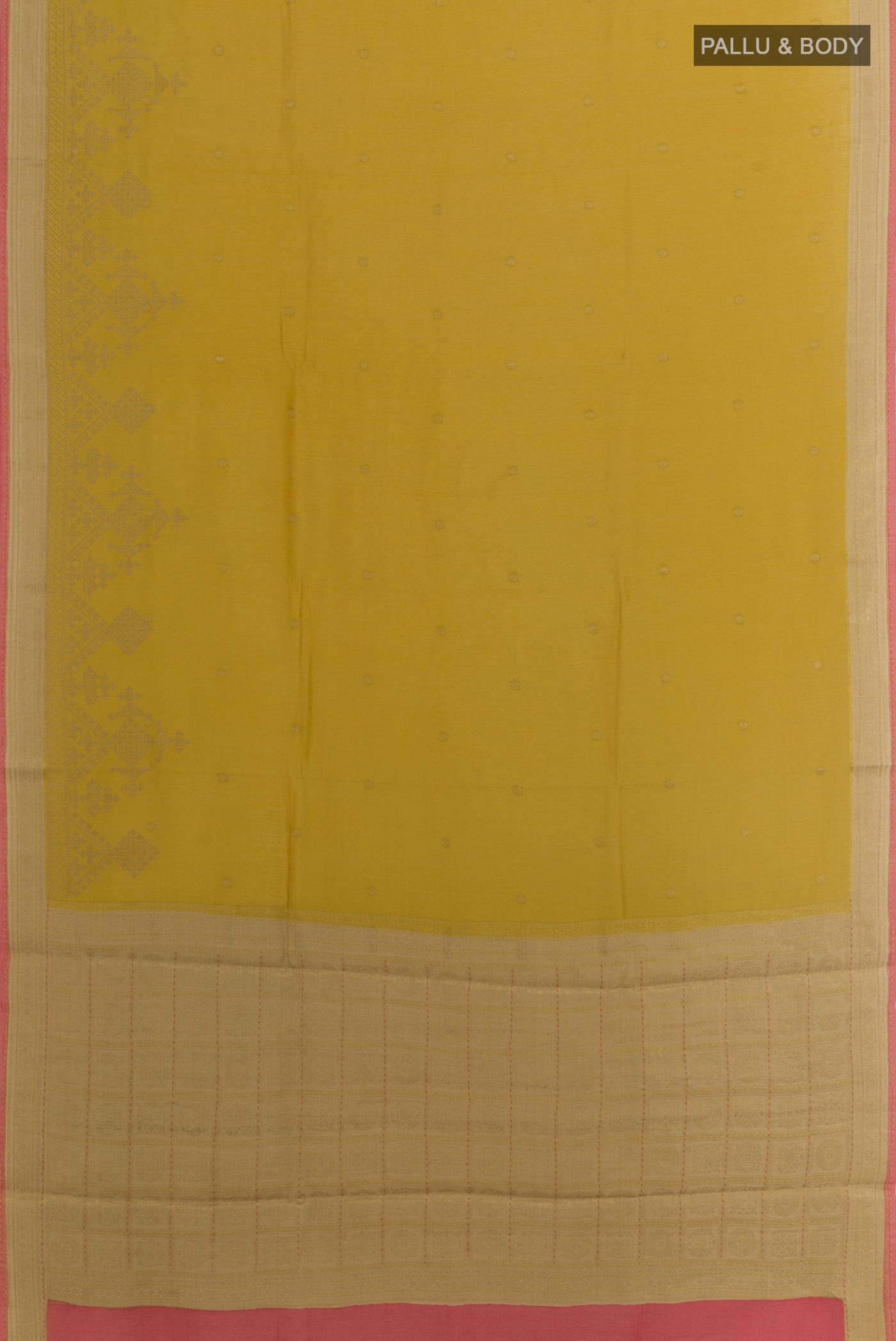 Flat view of Yellow Tussar Silk Saree with Embroidery on the body and Zari Border. 