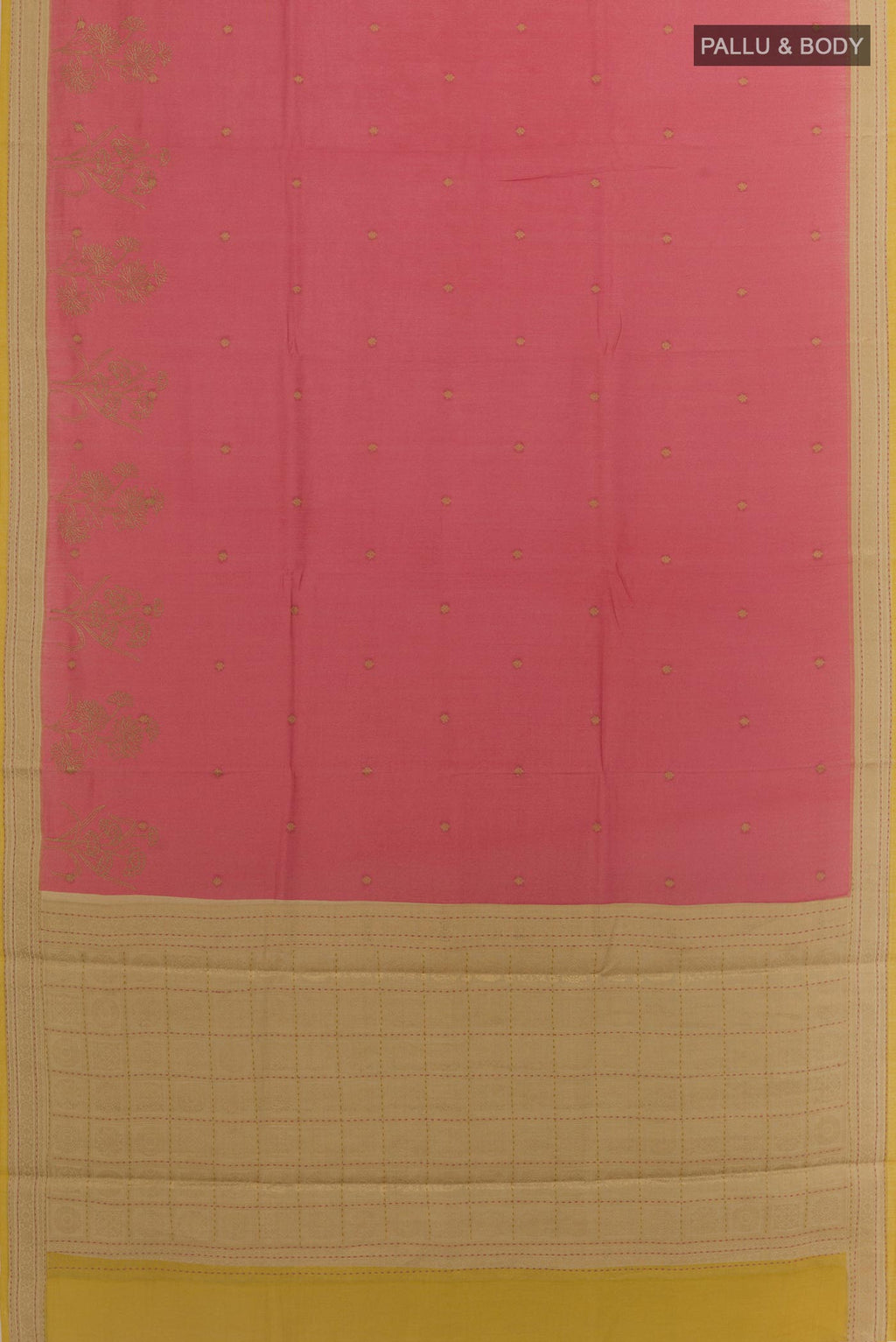 Flat view of Coral Tussar Silk Saree with Embroidery on the body and Zari Border. 
