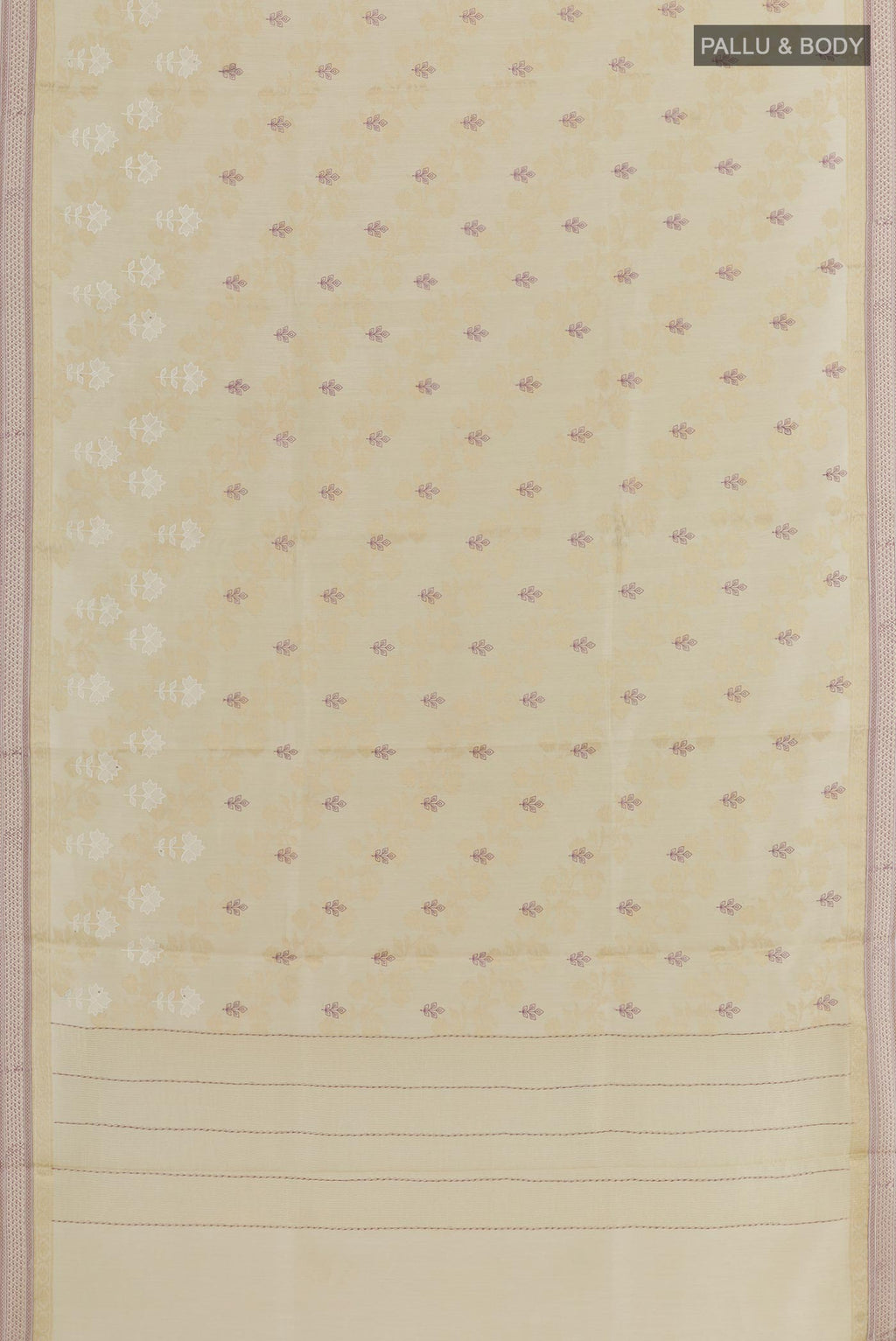 Flat view of Cream Tussar Silk Saree with Embroidery on the body and Zari Border. 