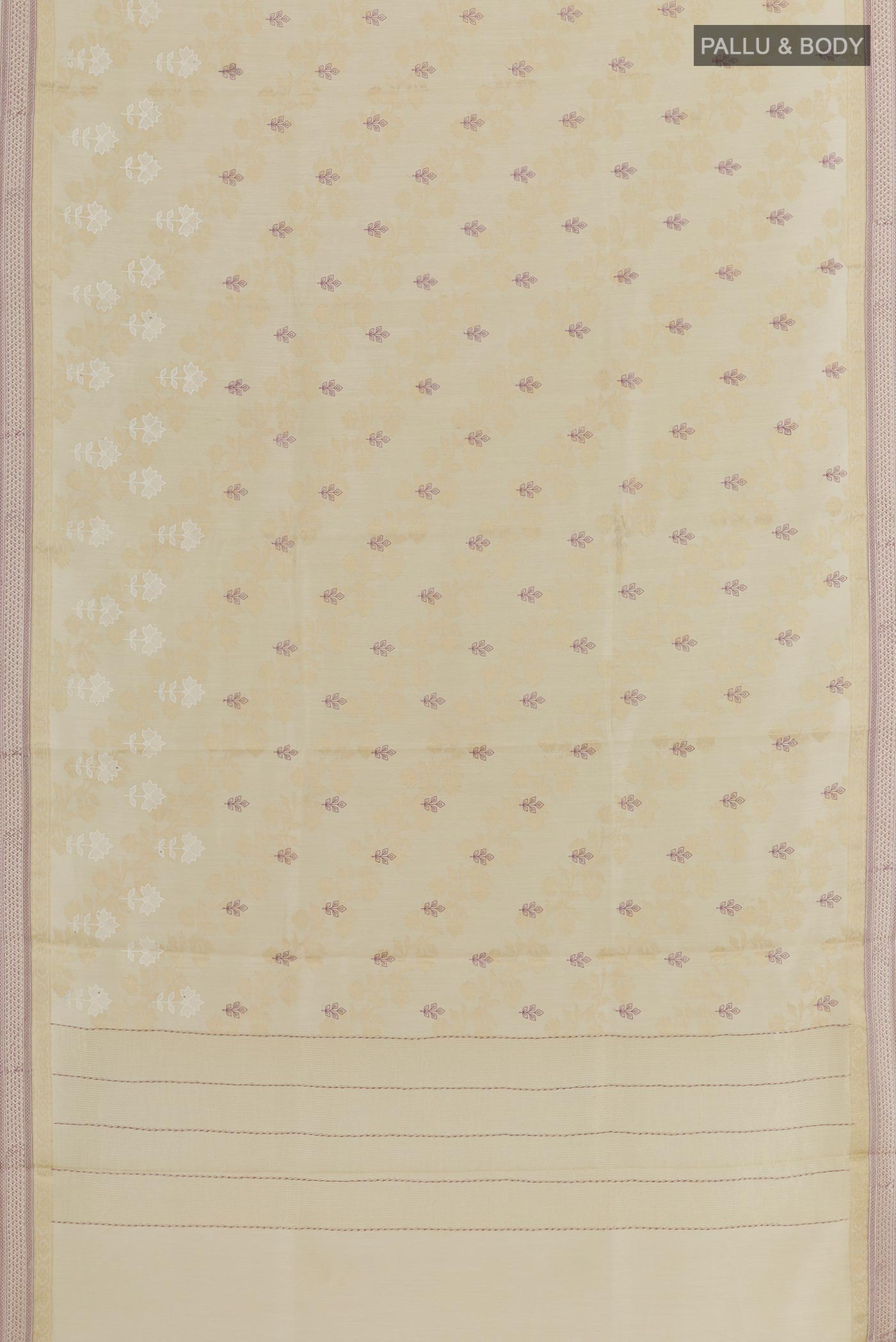 Flat view of Cream Tussar Silk Saree with Embroidery on the body and Zari Border. 