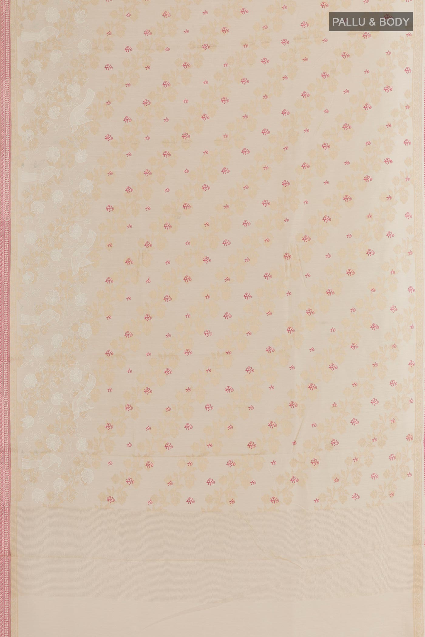 Flat view of Cream Tussar Silk Saree with Embroidery on the body and Zari Border. 