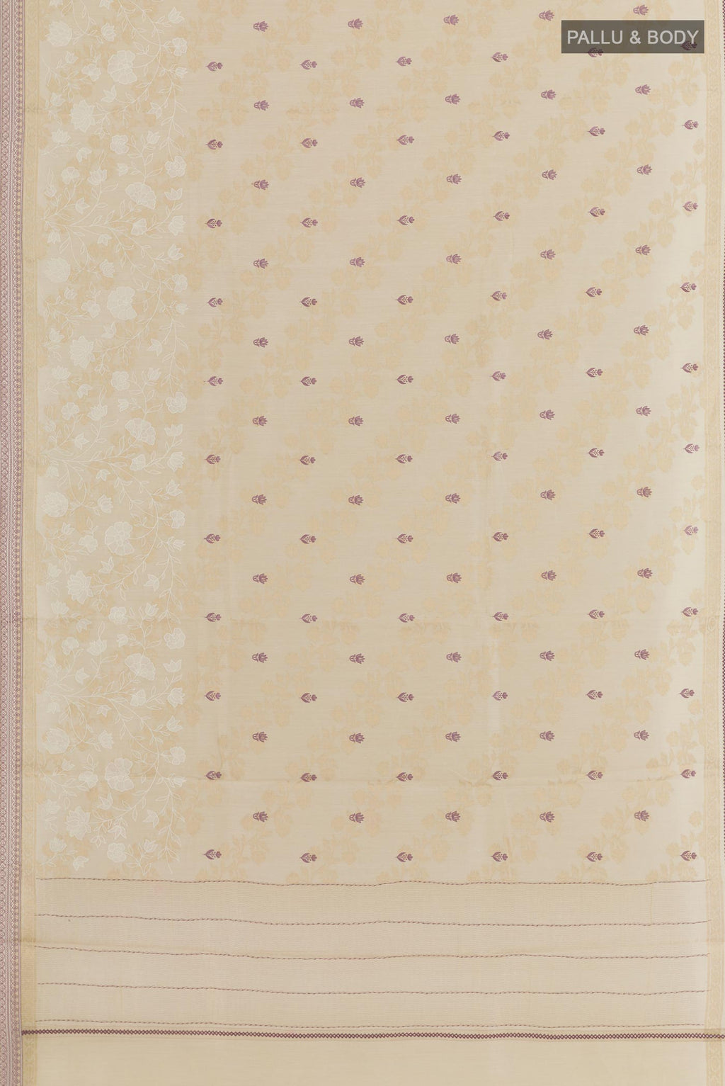 Flat view of Cream Tussar Silk Saree with Embroidery on the body and Zari Border. 