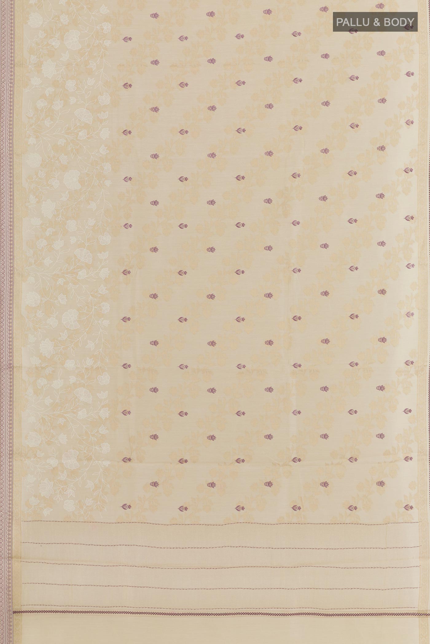 Flat view of Cream Tussar Silk Saree with Embroidery on the body and Zari Border. 