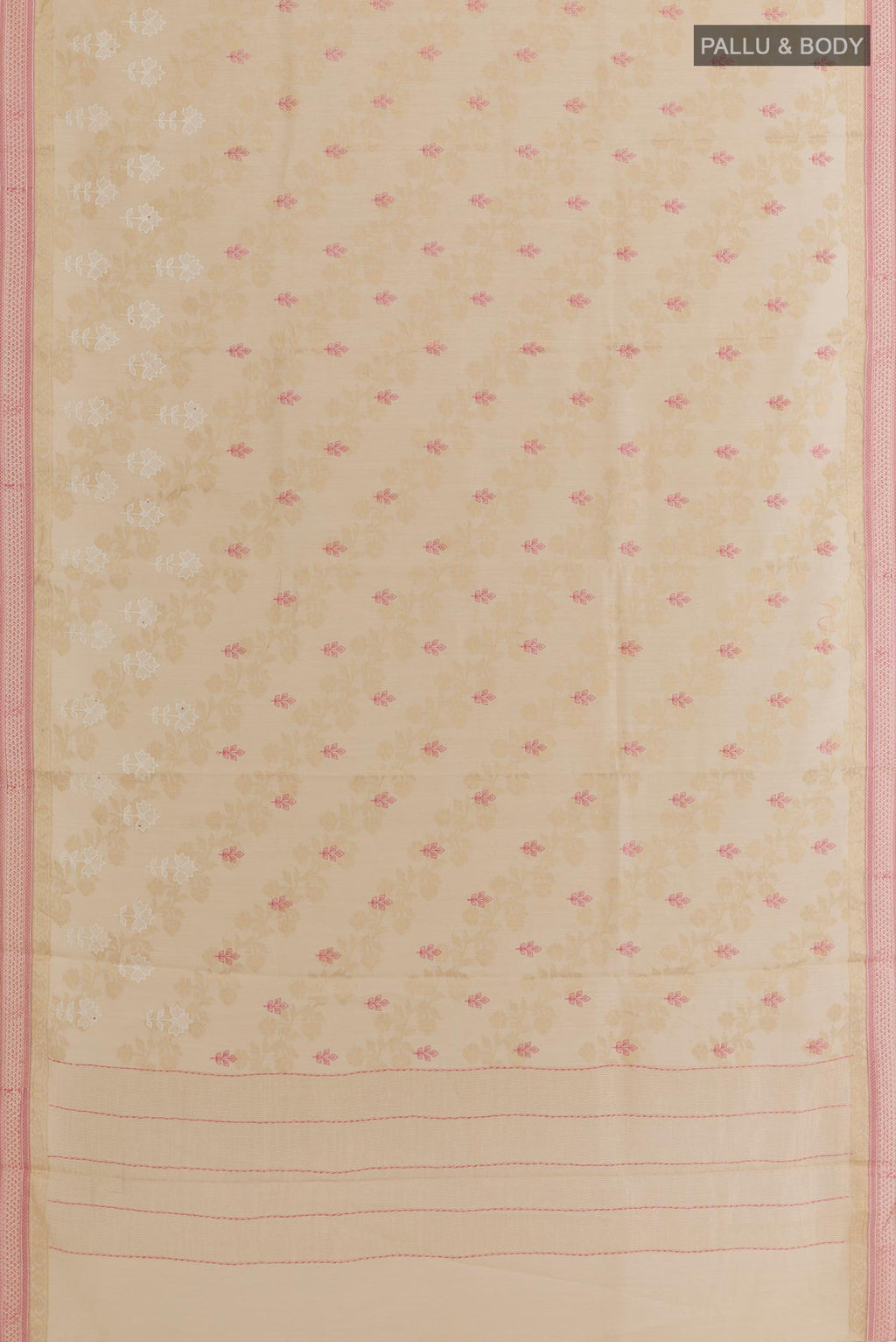 Flat view of Beige Tussar Saree with Embroidery on the body and Zari Border. 