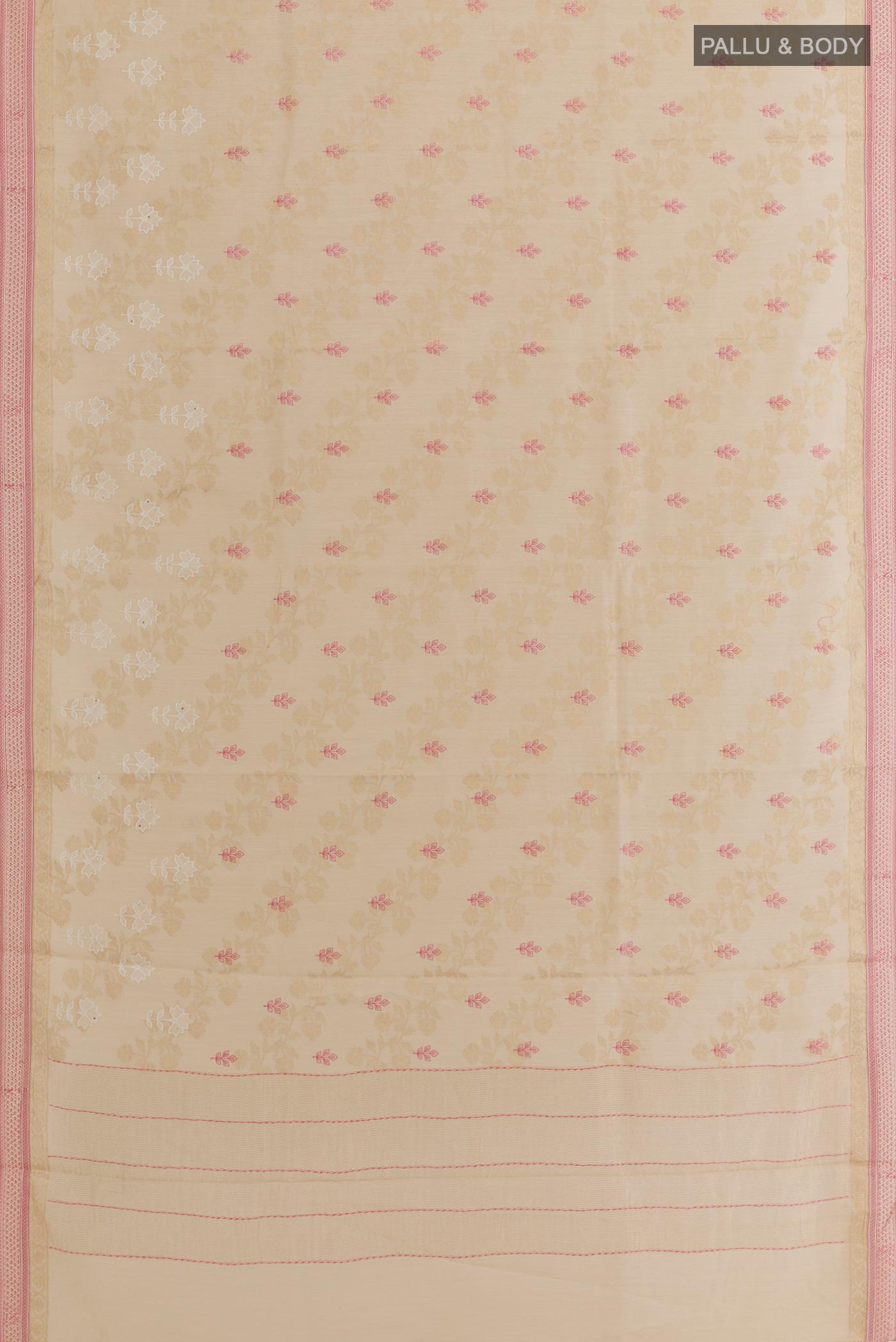 Flat view of Beige Tussar Saree with Embroidery on the body and Zari Border. 