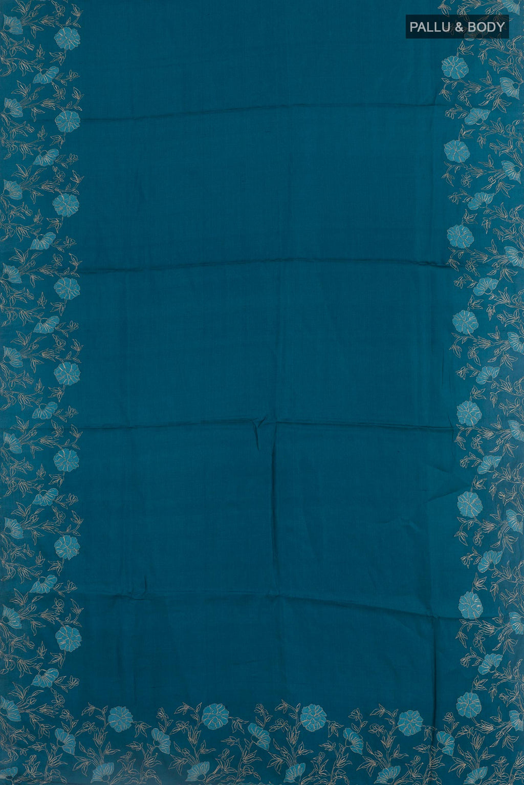 Flat view of Blue Tussar Silk Saree with Plain Body and Embroidery Border. 
