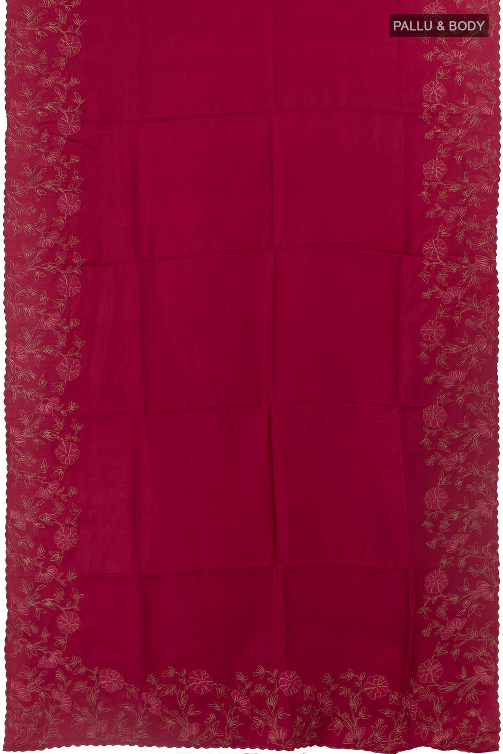 Flat view of Maroon Tussar Silk Saree with Plain Body and Embroidery Border. 