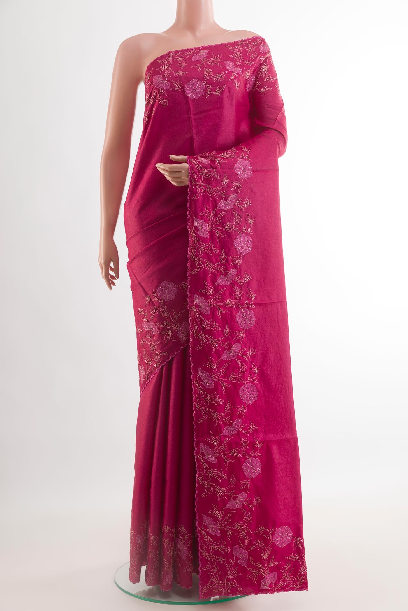 Dark Pink Tussar Silk Saree with Plain Body and Embroidery Border.  displayed on a mannequin