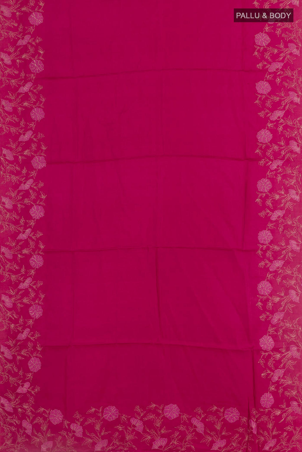 Flat view of Dark Pink Tussar Silk Saree with Plain Body and Embroidery Border. 