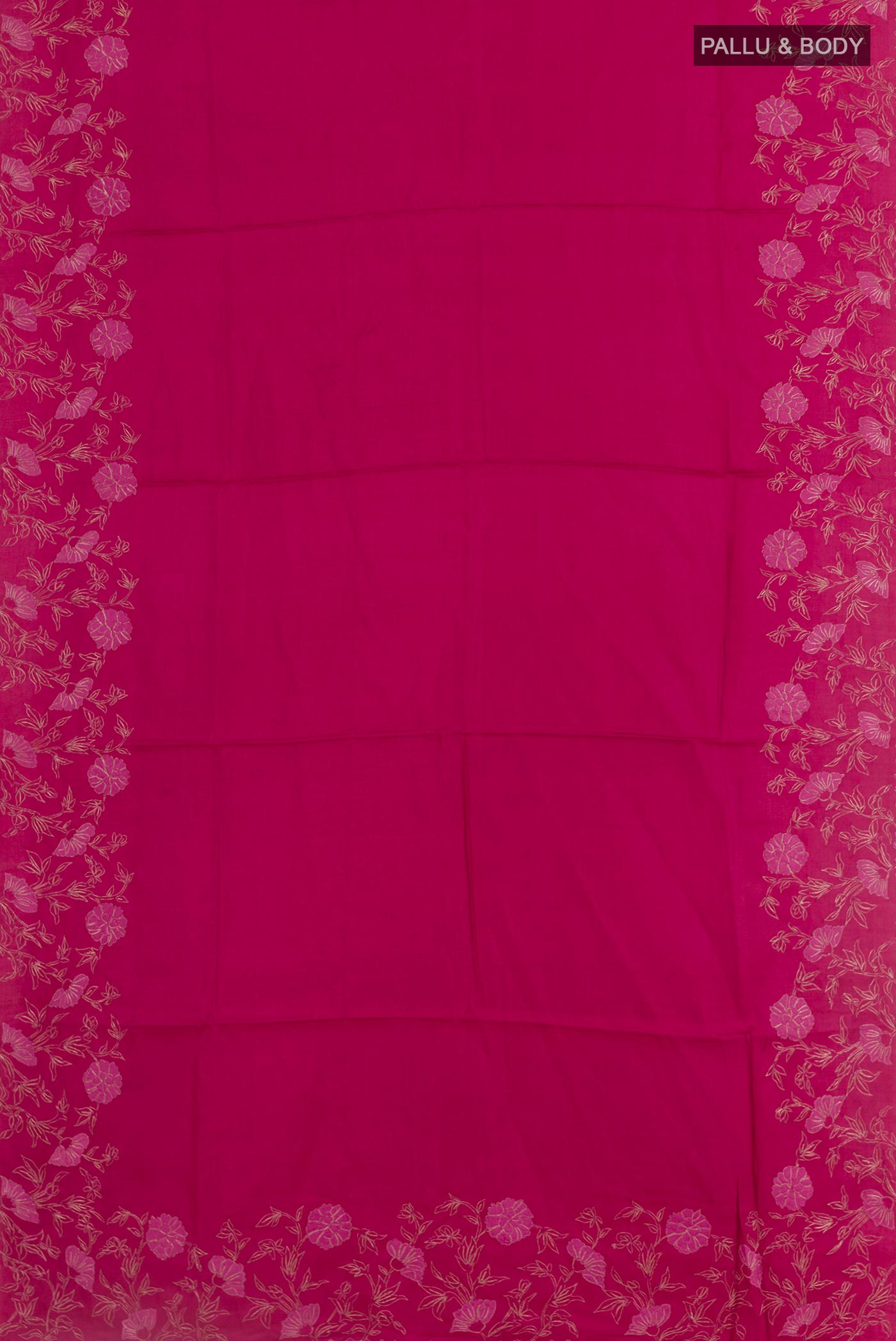 Flat view of Dark Pink Tussar Silk Saree with Plain Body and Embroidery Border. 