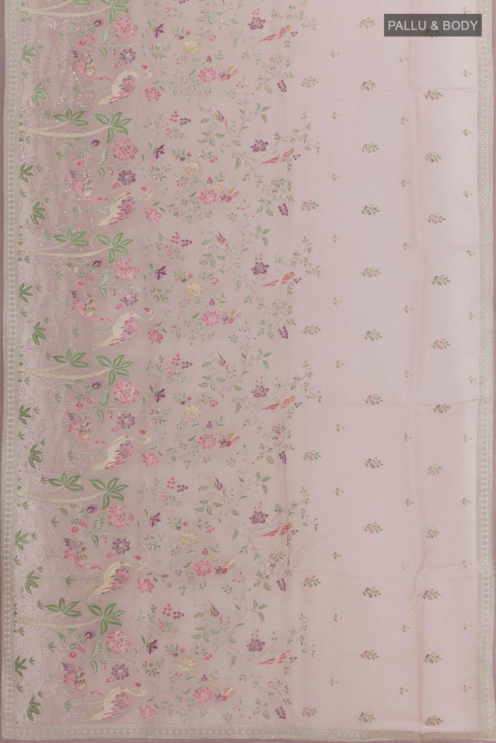Flat view of Lavender Organza Silk Saree with Embroidery on the body and Embroidery Border. 