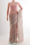 Pink Organza Silk Saree with Embroidery on the body and Plain Border.  displayed on a mannequin