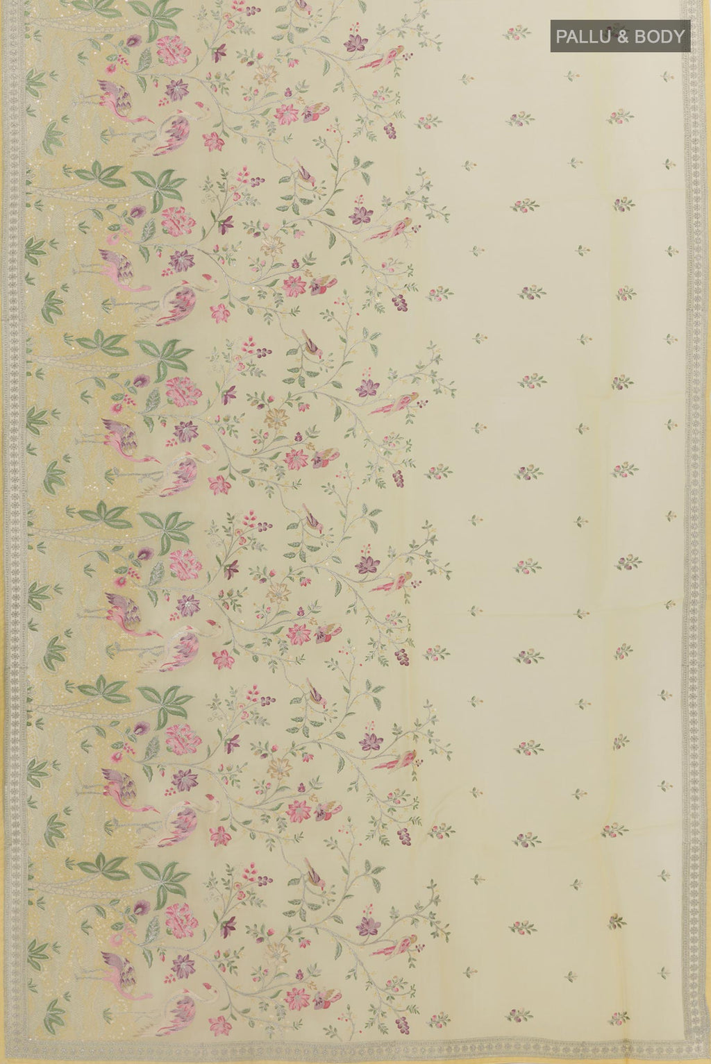 Flat view of Lemon Yellow Organza Silk Saree with Embroidery on the body and Embroidery Border. 