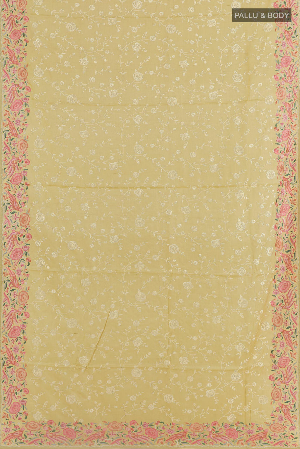 Flat view of Lemon Yellow Tussar Silk Saree with Embroidery on the body and Embroidery Border. 