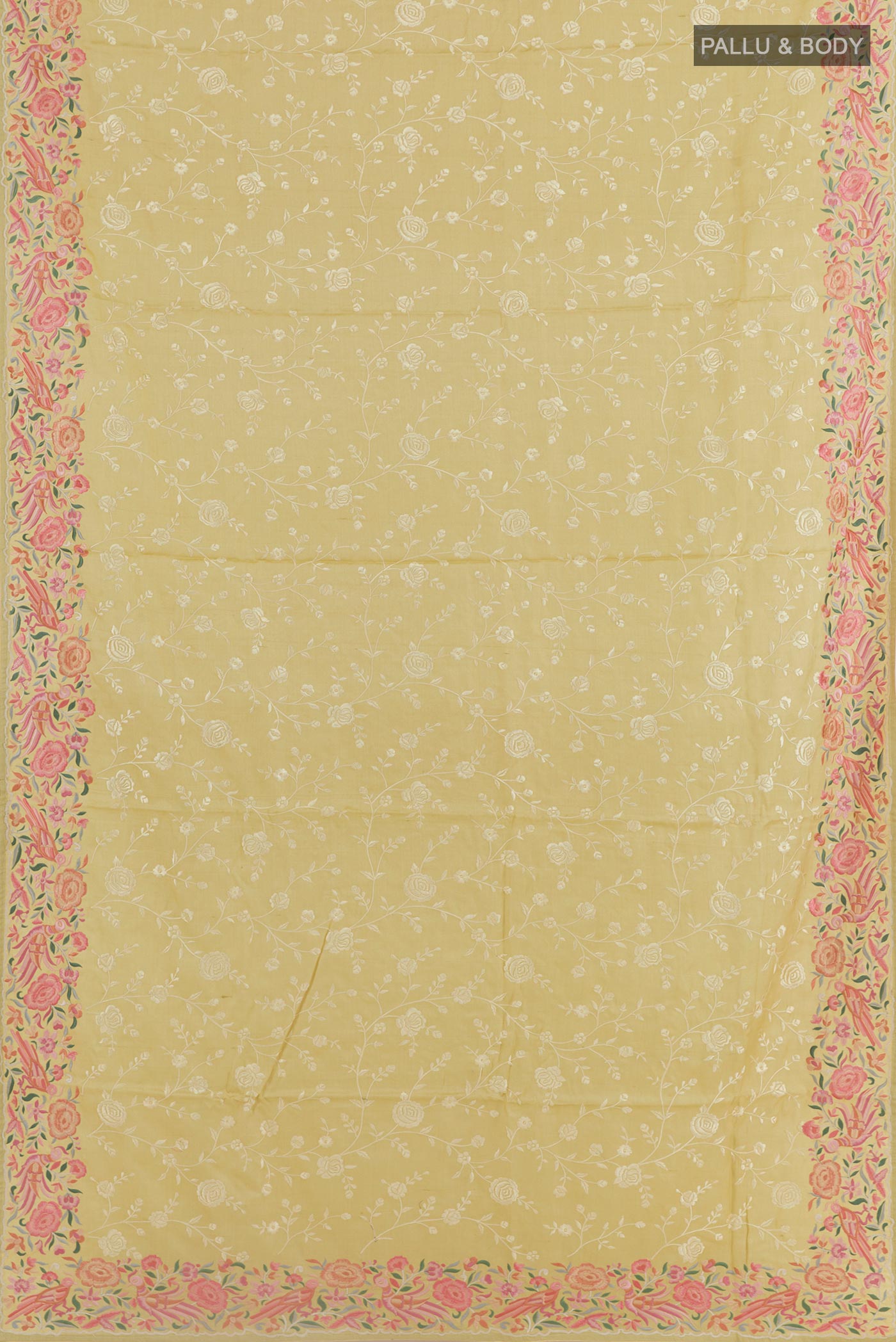 Flat view of Lemon Yellow Tussar Silk Saree with Embroidery on the body and Embroidery Border. 