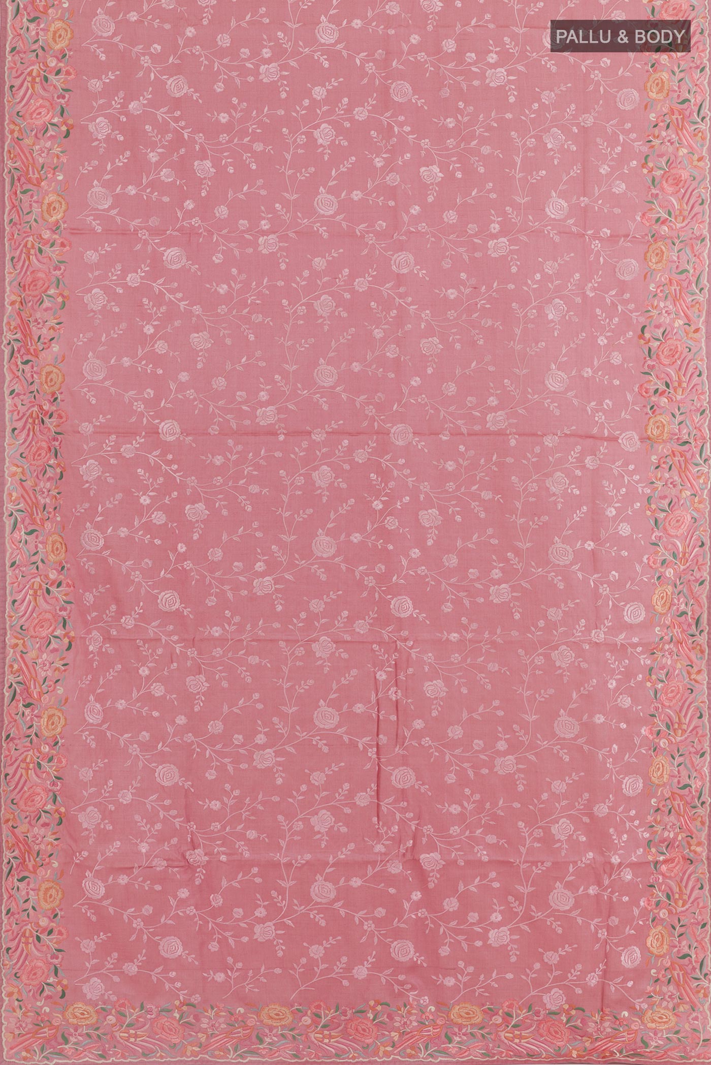 Flat view of Pink Tussar Silk Saree with Embroidery on the body and Embroidery Border. 