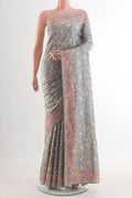 Grey Tussar Silk Saree with Embroidery on the body and Embroidery Border.  displayed on a mannequin