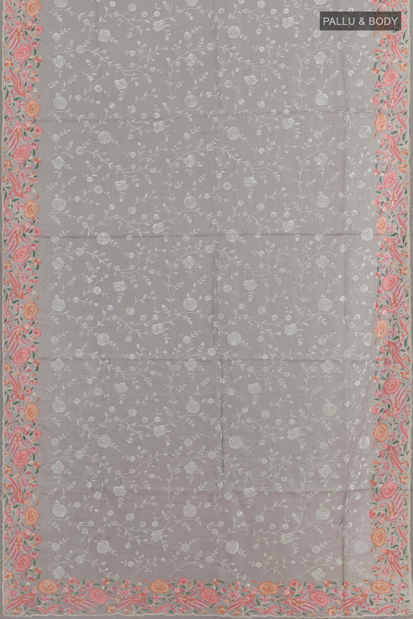 Flat view of Grey Tussar Silk Saree with Embroidery on the body and Embroidery Border. 