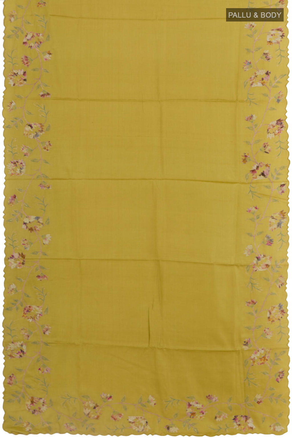 Flat view of Yellow Tussar Silk Saree with Embroidery on the body and Embroidery Border. 