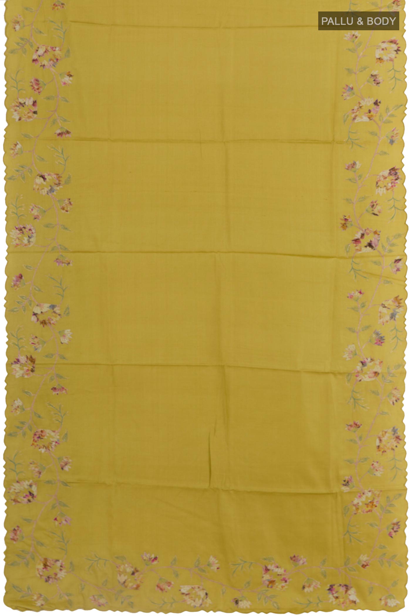 Flat view of Yellow Tussar Silk Saree with Embroidery on the body and Embroidery Border. 