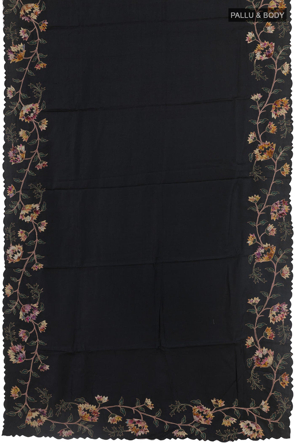 Flat view of Black Tussar Silk Saree with Embroidery on the body and Embroidery Border. 