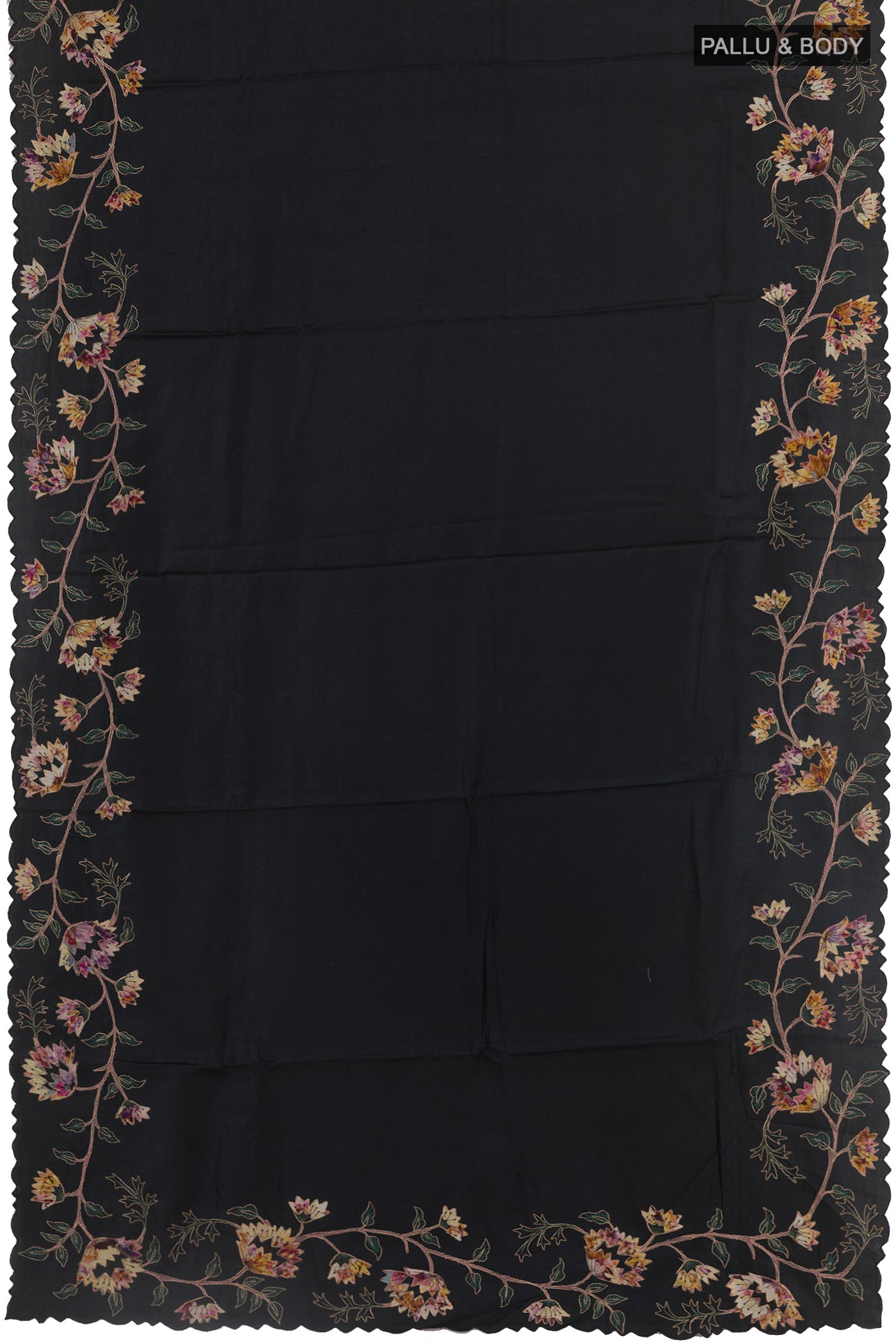 Flat view of Black Tussar Silk Saree with Embroidery on the body and Embroidery Border. 