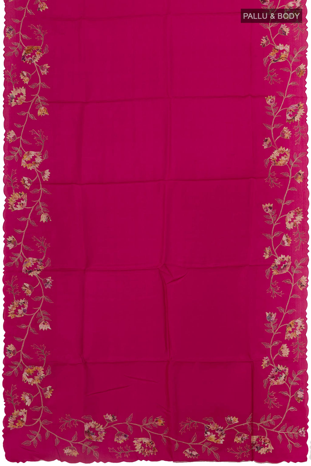Flat view of Pink Tussar Silk Saree with Embroidery on the body and Embroidery Border. 