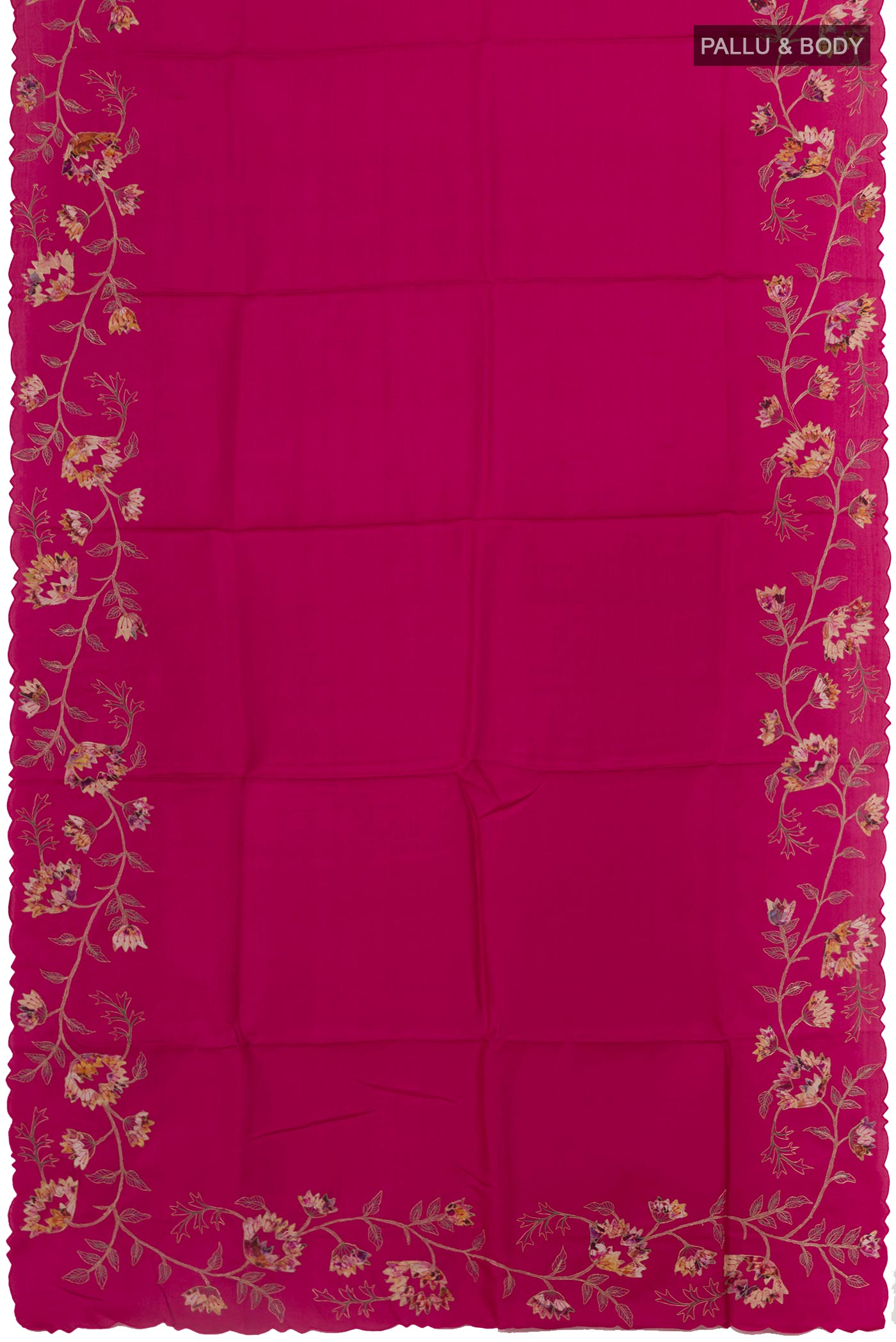 Flat view of Pink Tussar Silk Saree with Embroidery on the body and Embroidery Border. 