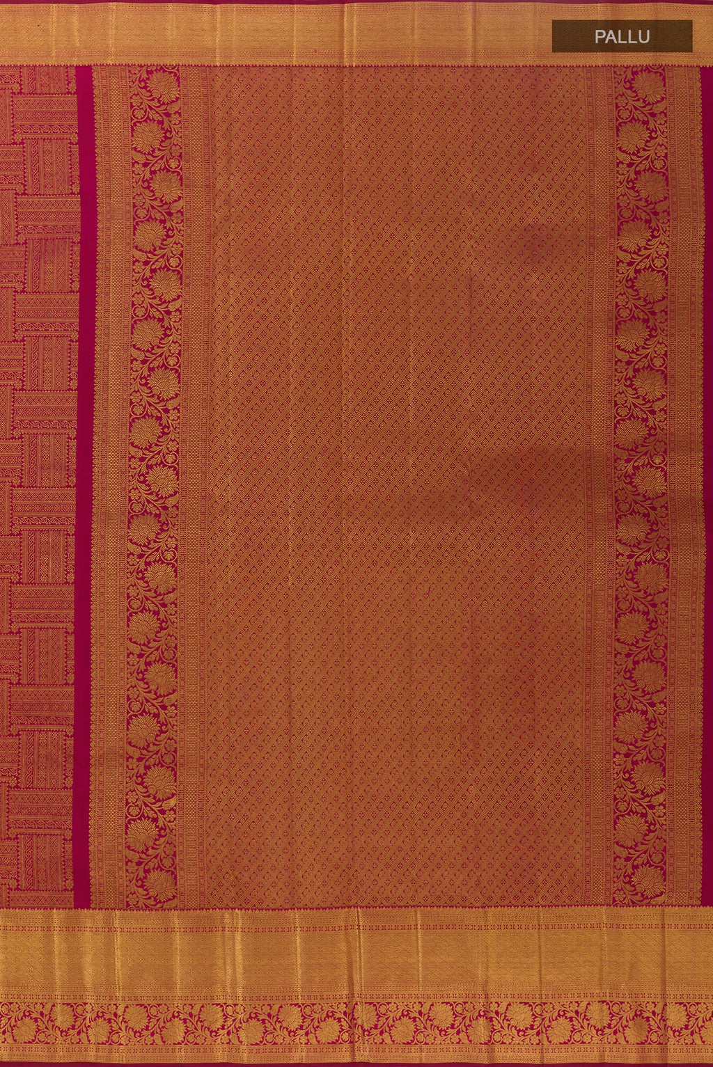 Close up image of the pallu of Magenta Kanchipuram Silk Saree with Zari Butta on the body and Zari Border. 