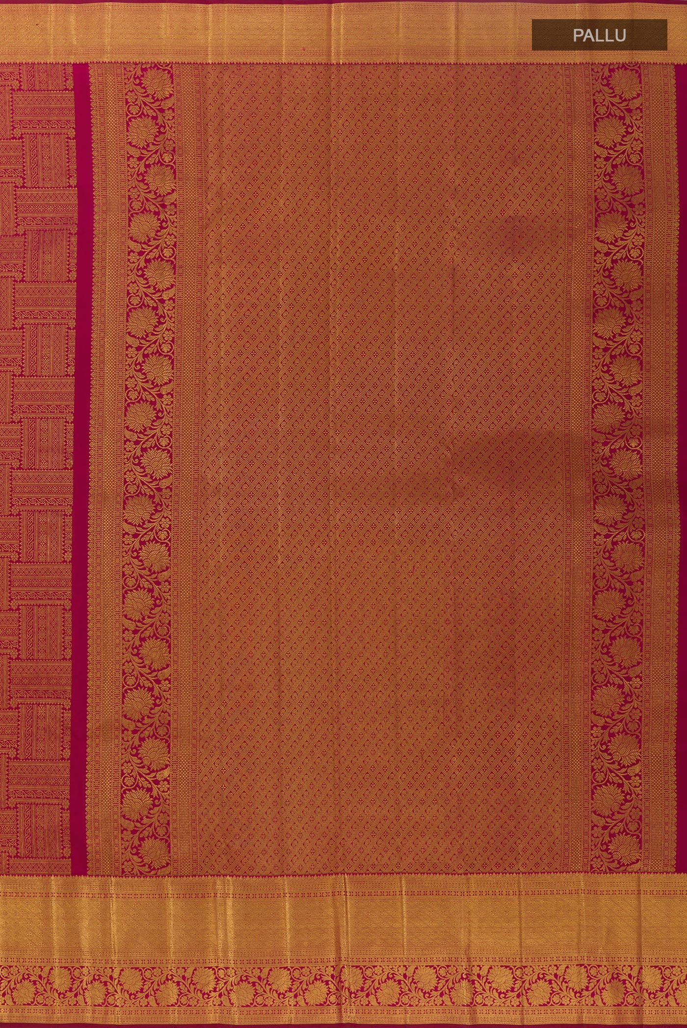 Close up image of the pallu of Magenta Kanchipuram Silk Saree with Zari Butta on the body and Zari Border. 