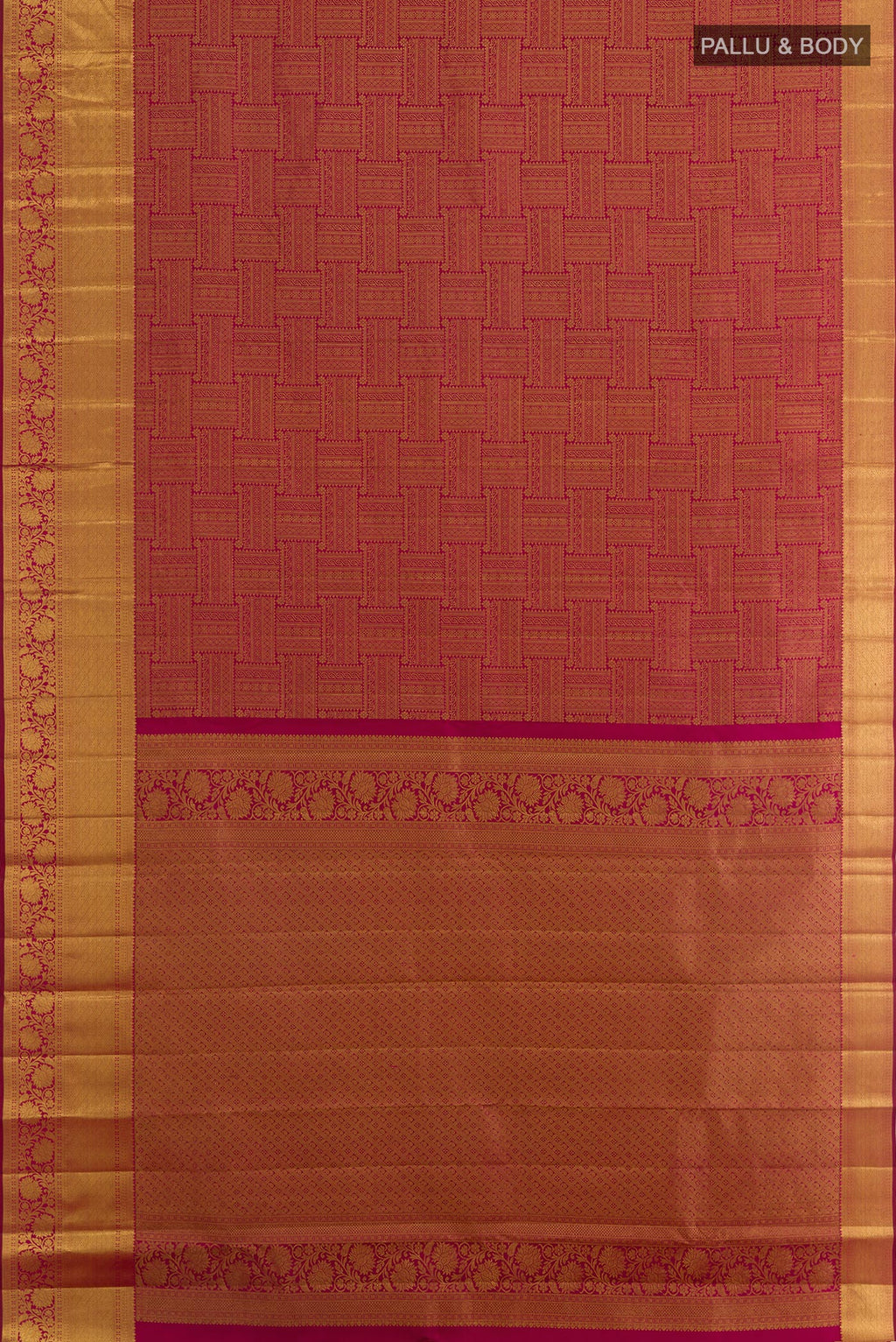 Flat view of Magenta Kanchipuram Silk Saree with Zari Butta on the body and Zari Border. 