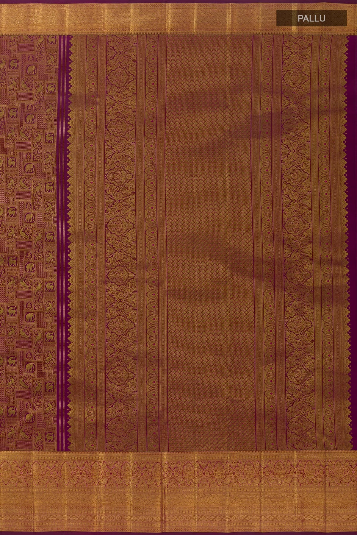 Close up image of the pallu of Purple Kanchipuram Silk Saree with Zari Brocade on the body and Zari Border. 