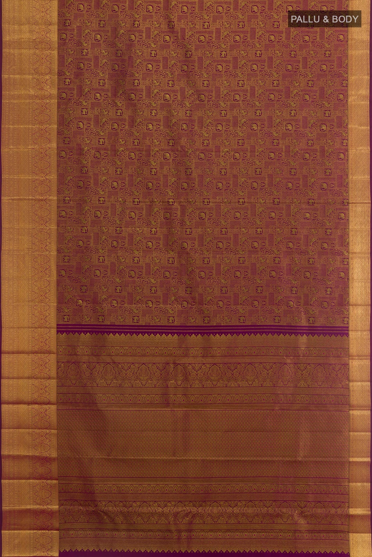 Flat view of Purple Kanchipuram Silk Saree with Zari Brocade on the body and Zari Border. 