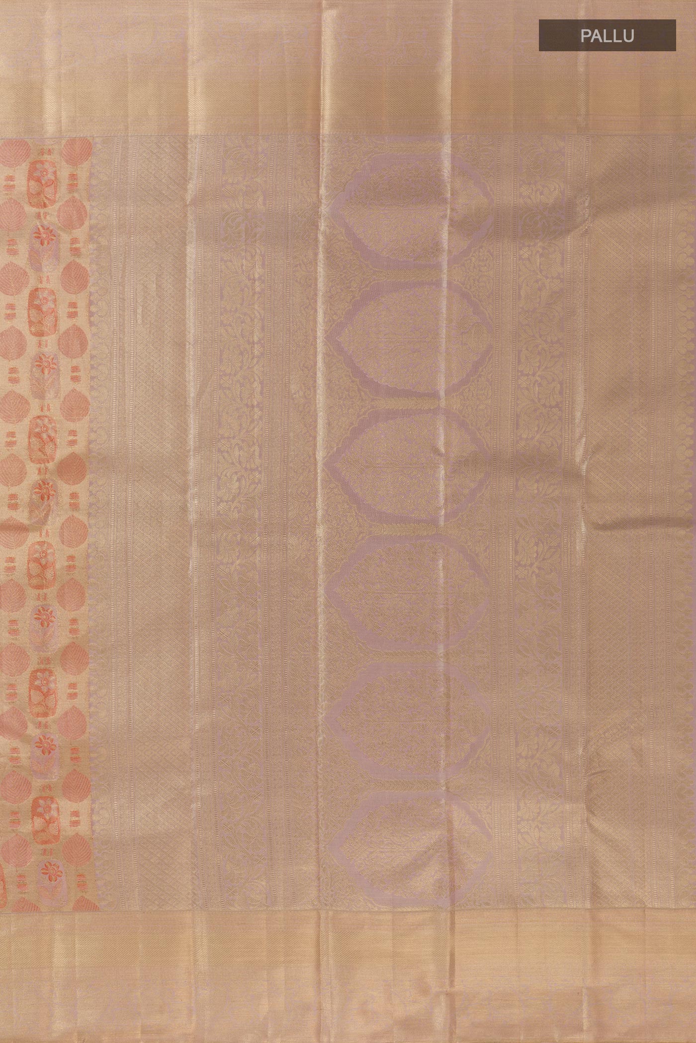 Close up image of the pallu of Golden Dual Tone Kanjivaram Tissue Silk Saree with Zari Brocade on the body and Zari Border. 