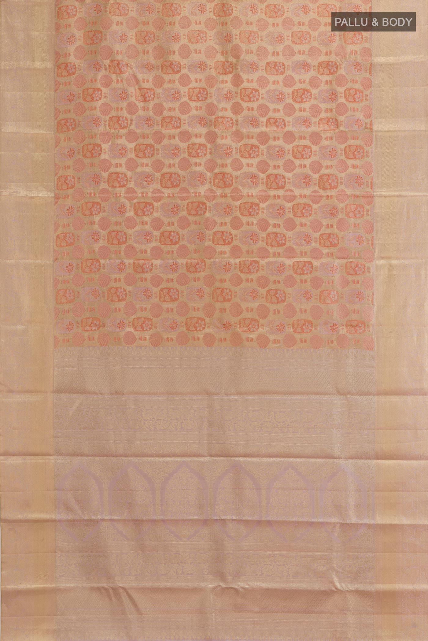 Flat view of Golden Dual Tone Kanjivaram Tissue Silk Saree with Zari Brocade on the body and Zari Border. 