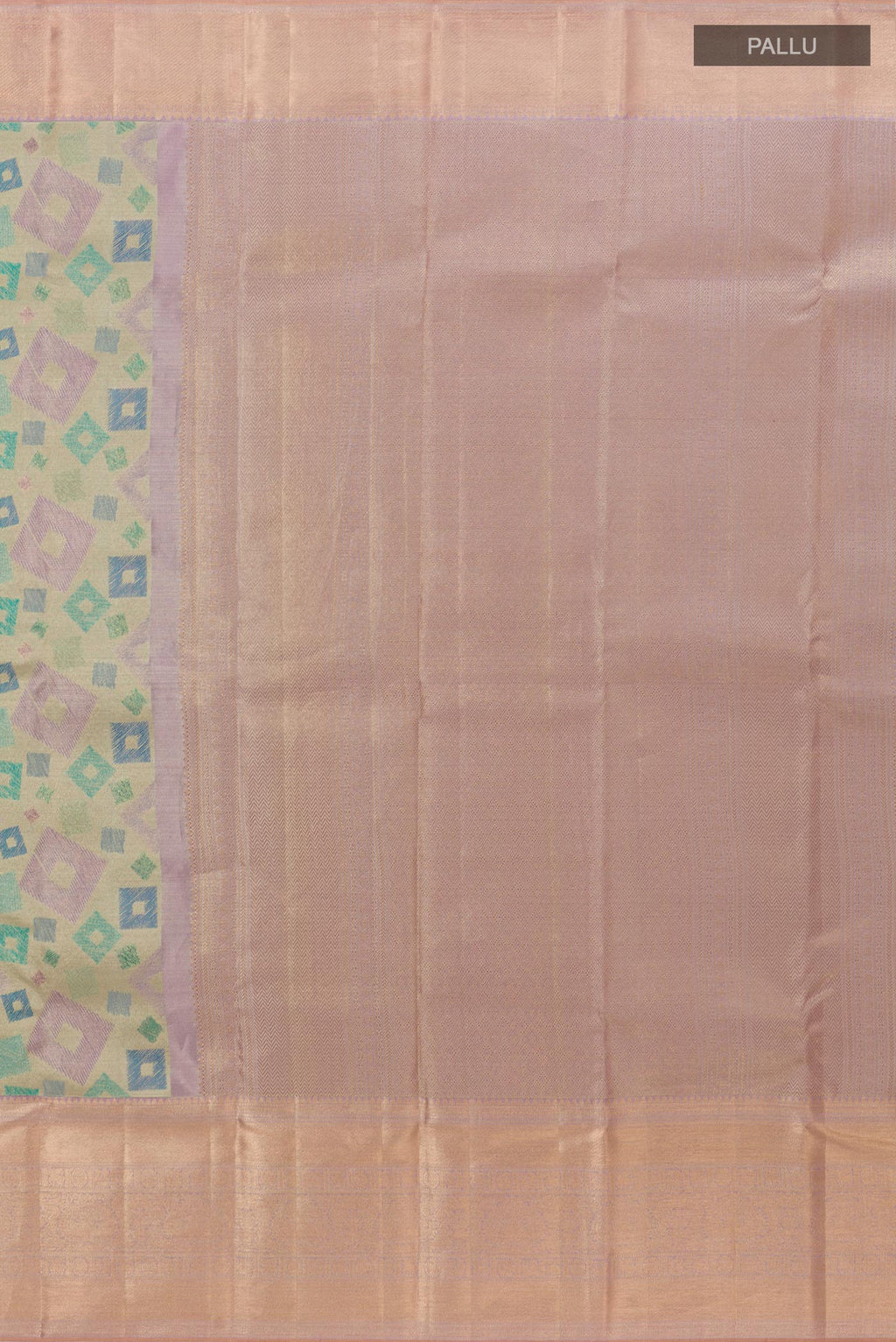 Close up image of the pallu of Multi Color Kanjivaram Tissue Silk Saree with Zari Brocade on the body and Zari Border. 