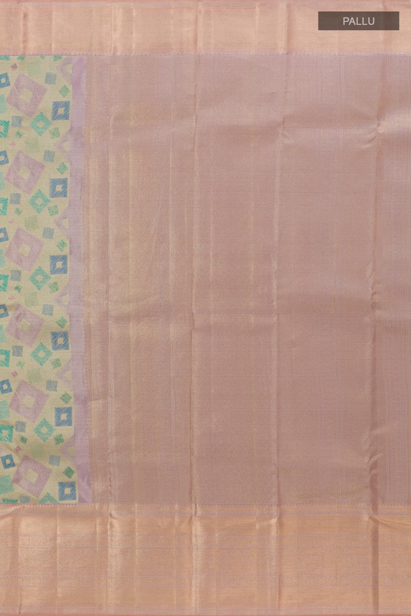 Close up image of the pallu of Multi Color Kanjivaram Tissue Silk Saree with Zari Brocade on the body and Zari Border. 