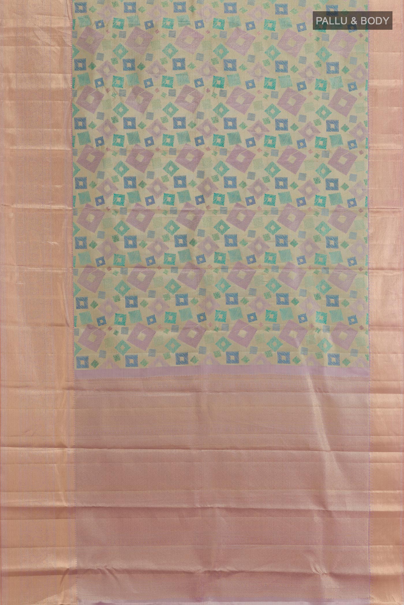 Flat view of Multi Color Kanjivaram Tissue Silk Saree with Zari Brocade on the body and Zari Border. 