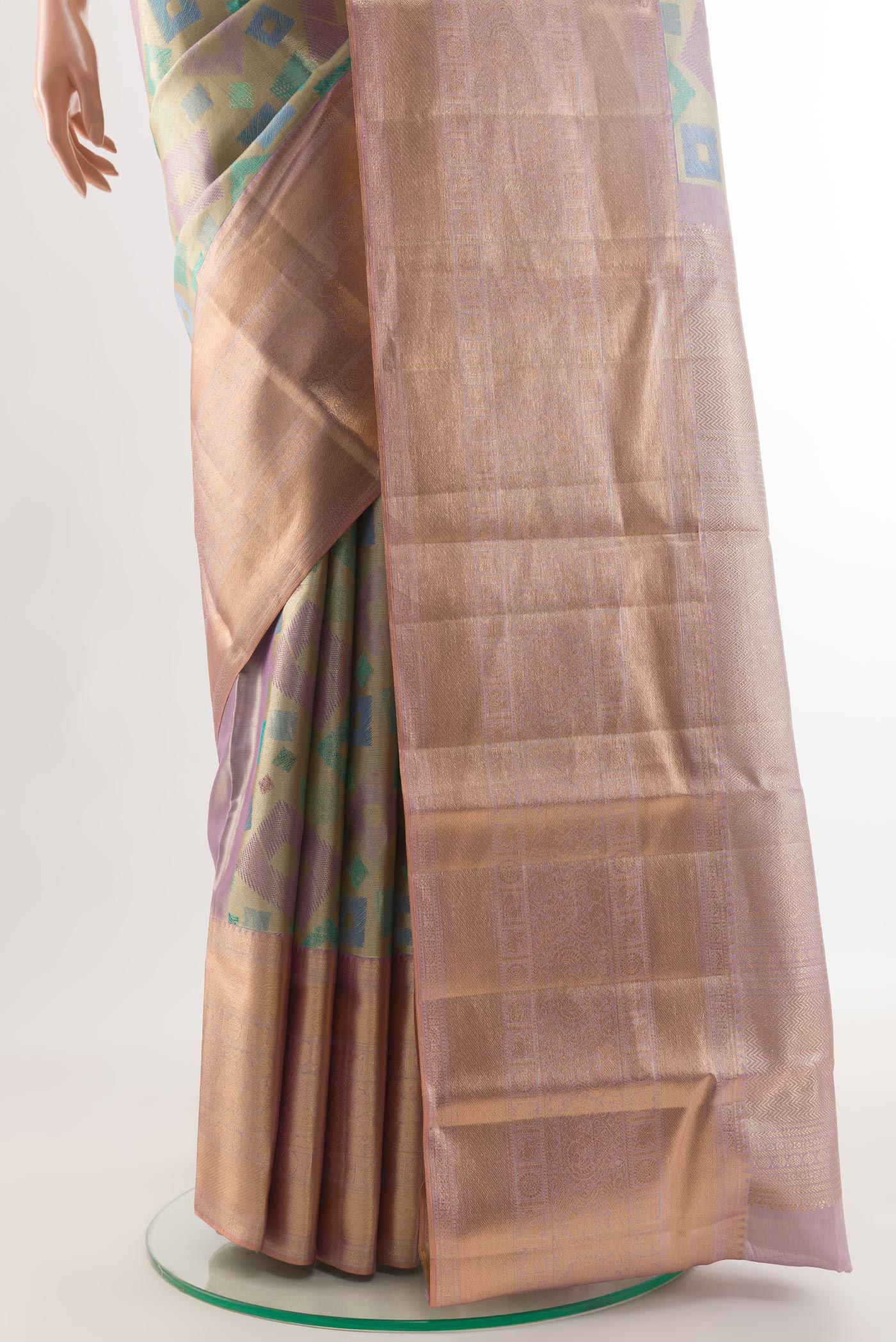 Pleats and pallu of Multi Color Kanjivaram Tissue Silk Saree with Zari Brocade on the body and Zari Border. 