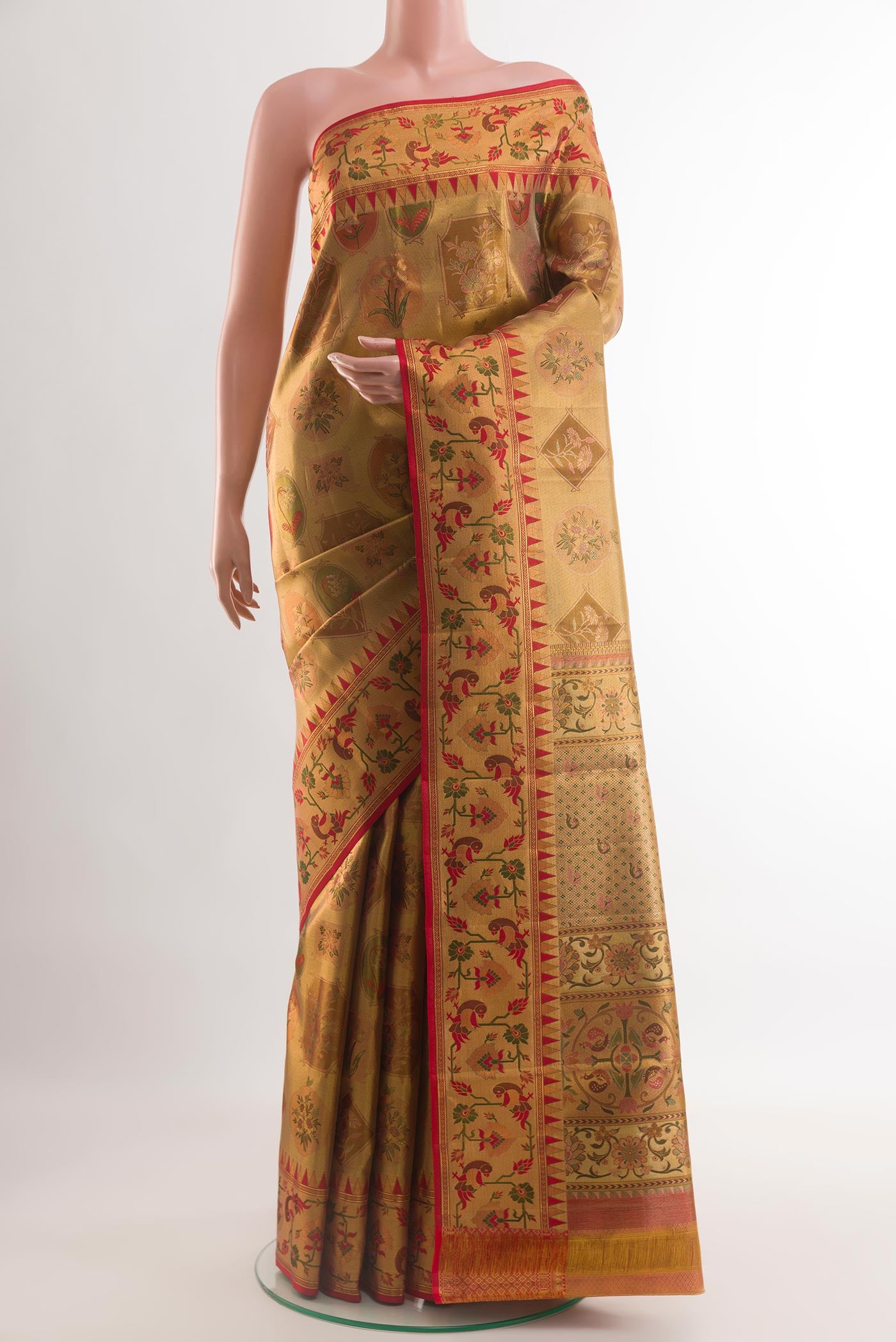 Golden Dual Tone Kanchipuram Tissue Silk Saree with Zari Brocade on the body and Paithani Border.  displayed on a mannequin