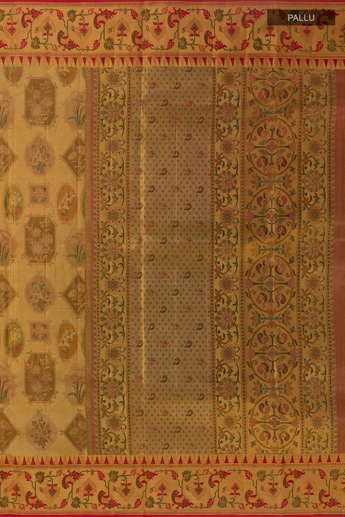 Close up image of the pallu of Golden Dual Tone Kanchipuram Tissue Silk Saree with Zari Brocade on the body and Paithani Border. 