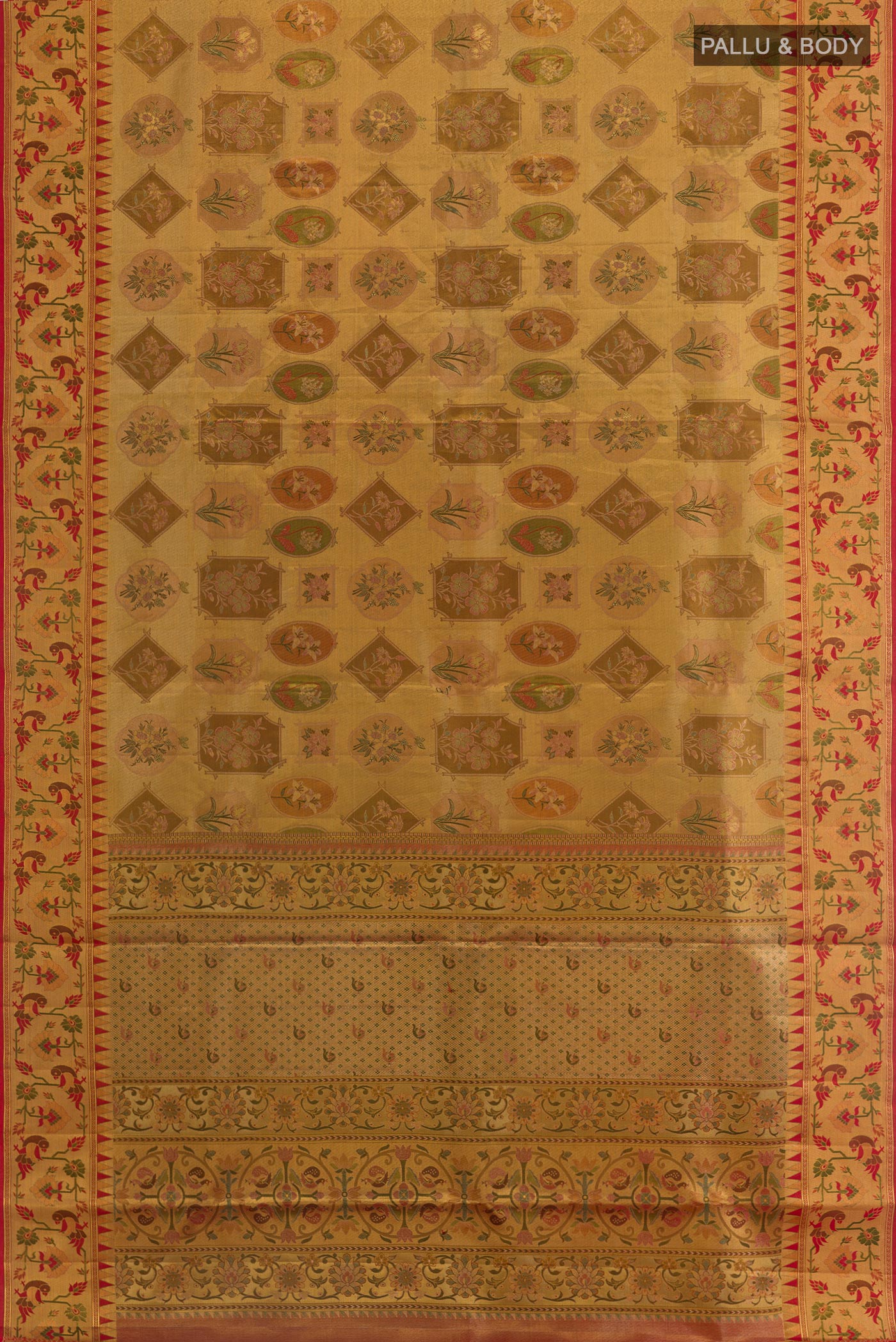 Flat view of Golden Dual Tone Kanchipuram Tissue Silk Saree with Zari Brocade on the body and Paithani Border. 