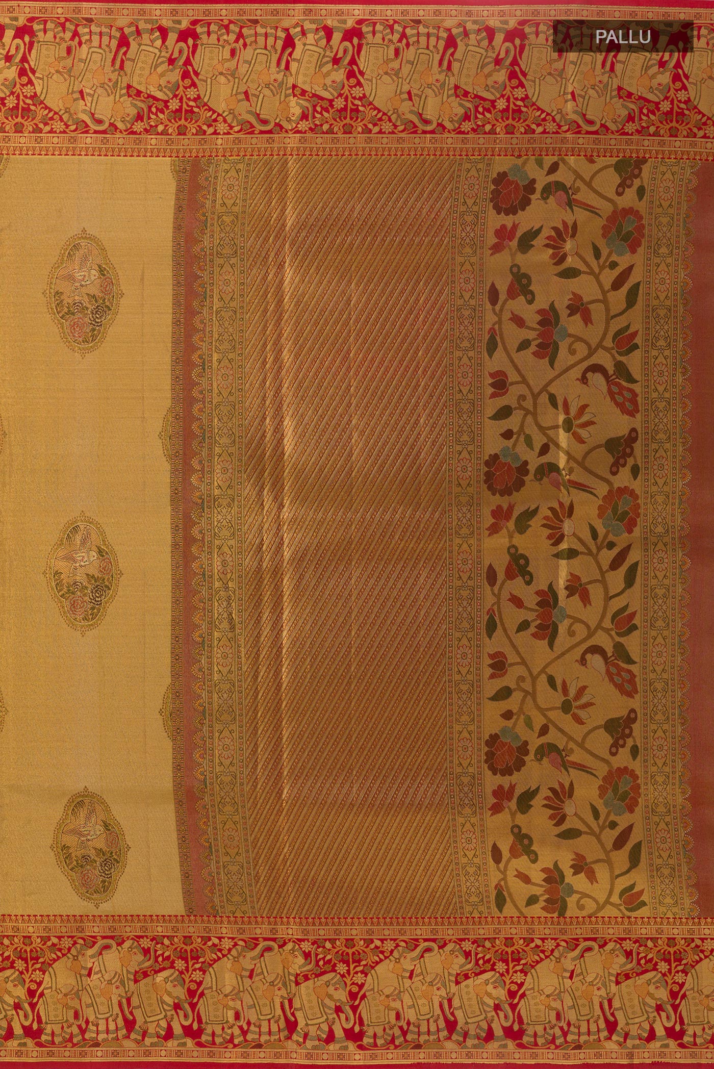 Close up image of the pallu of Golden Kanchipuram Tissue Silk Saree with Zari Brocade on the body and Zari Border. 