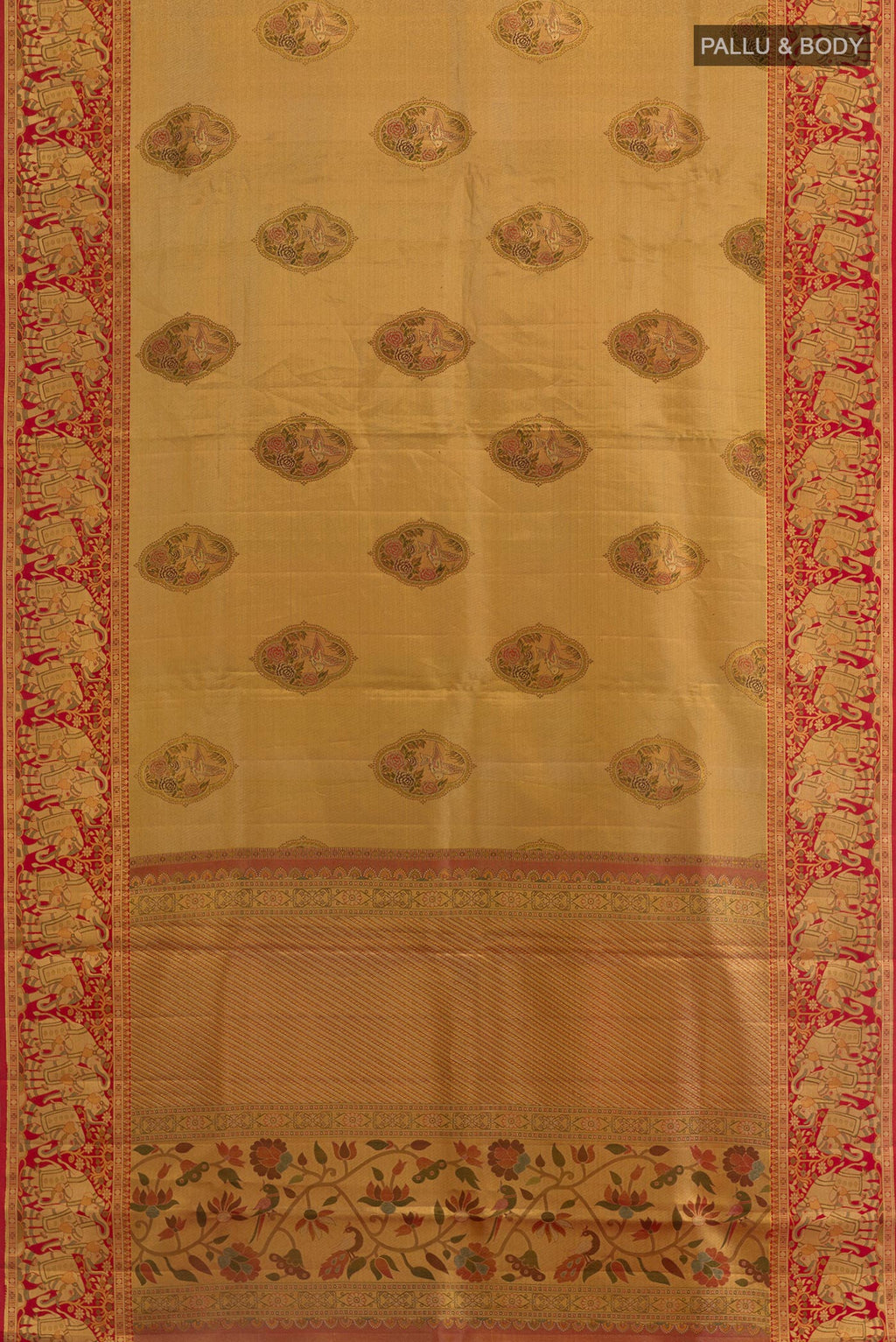 Flat view of Golden Kanchipuram Tissue Silk Saree with Zari Brocade on the body and Zari Border. 