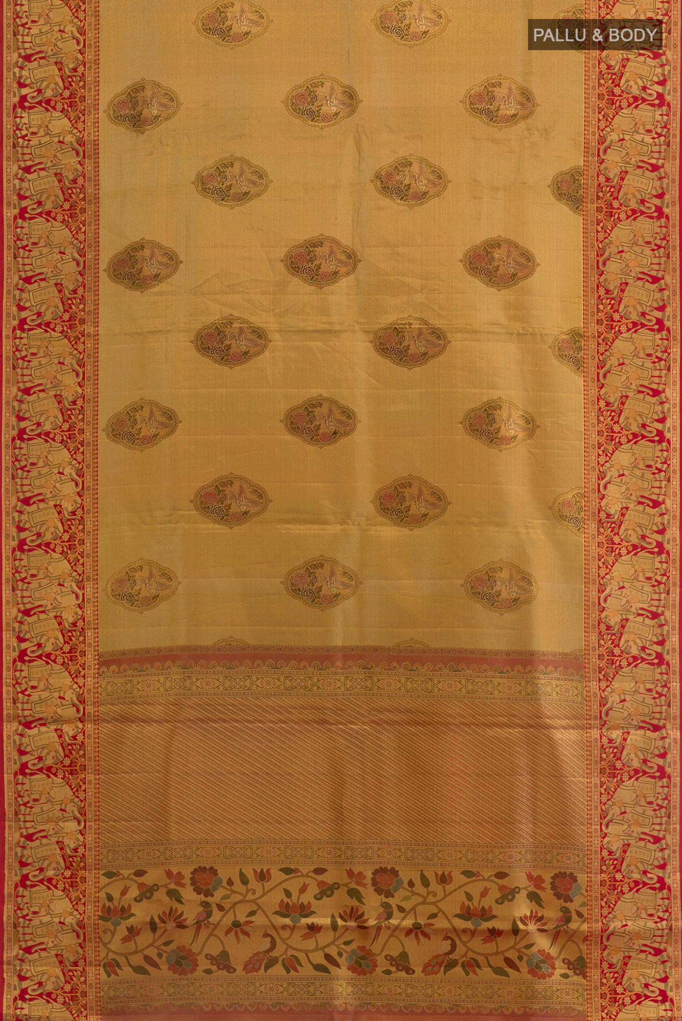 Flat view of Golden Kanchipuram Tissue Silk Saree with Zari Brocade on the body and Zari Border. 
