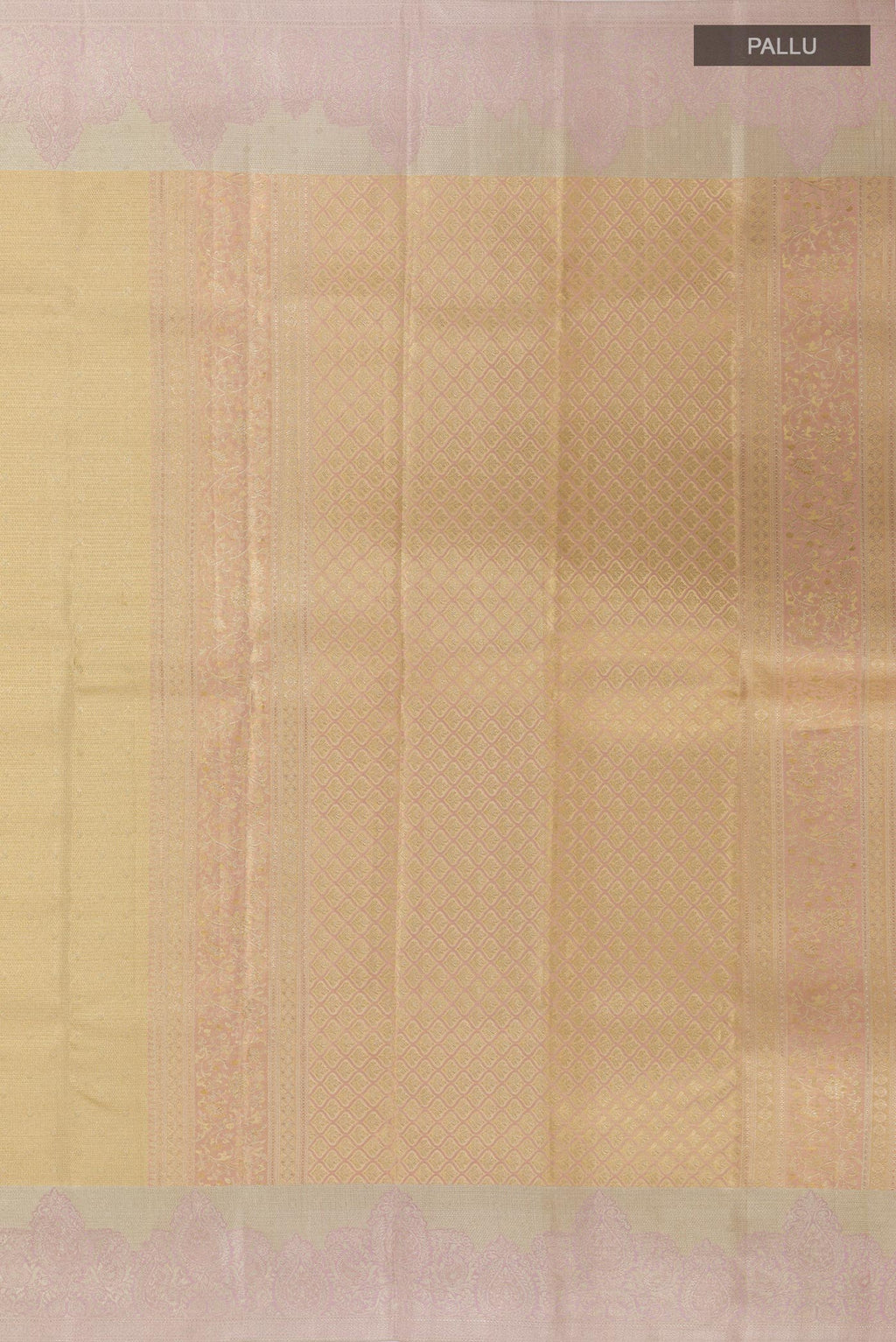 Close up image of the pallu of Golden Kanjivaram Tissue Silk Saree with Zari Brocade on the body and Zari Border. 